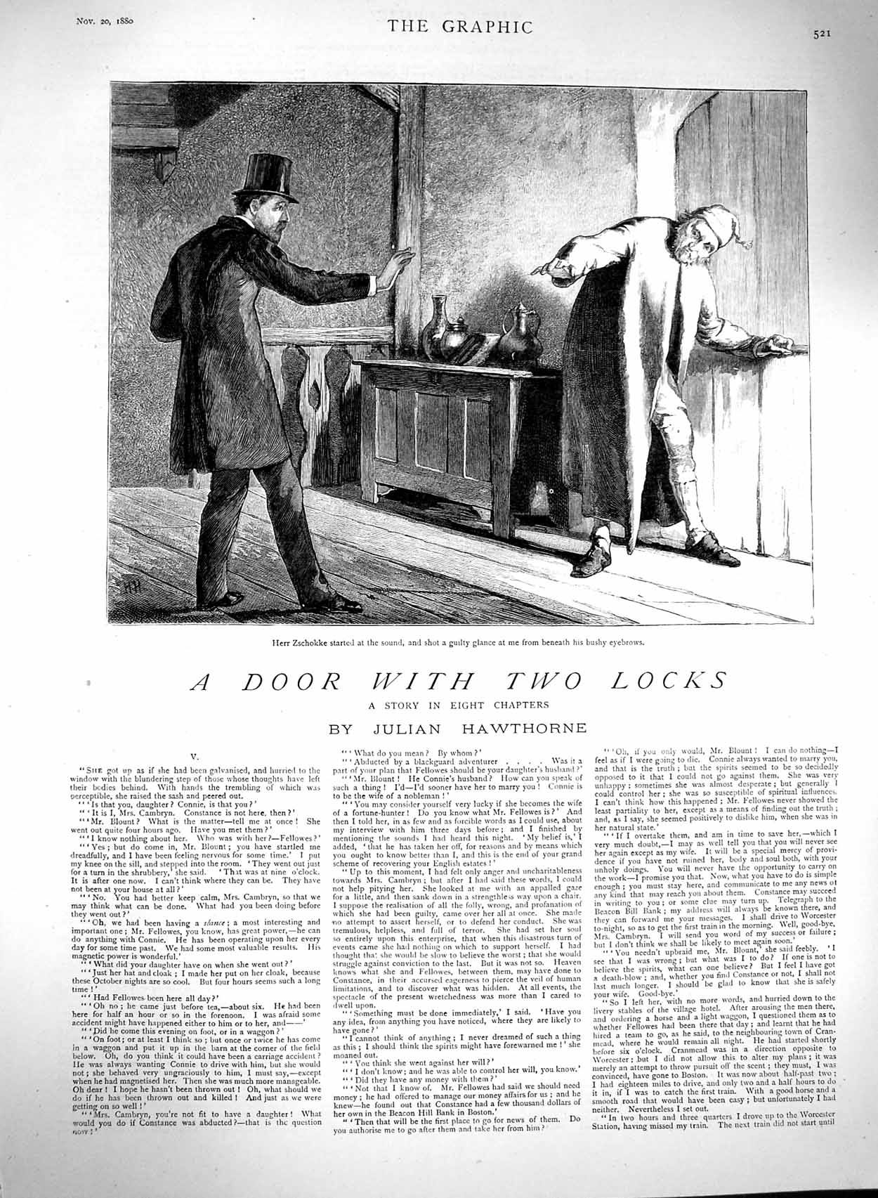 Original Old Antique Print 1880 Herr Zschokke Illustration Door Locks Hawthorne