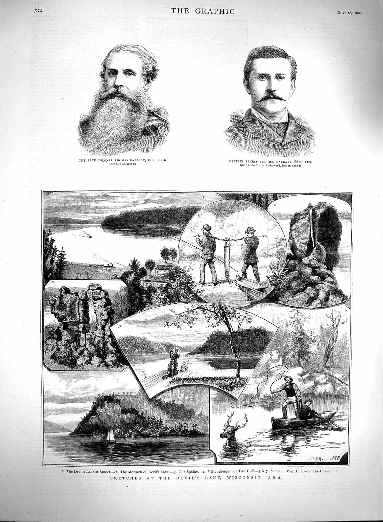 Original Old Antique Print 1880 Devil'S Lake Wisconsin America Sphinx Rattray