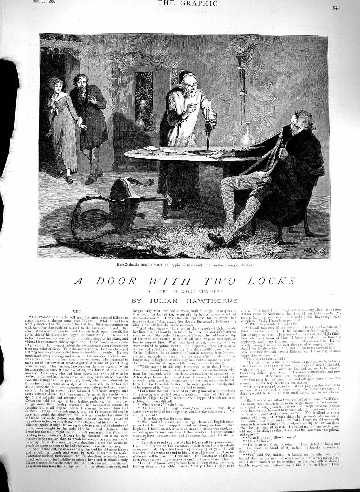 Original Old Antique Print 1880 Herr Zschokke Door Locks Illustration Hawthorne