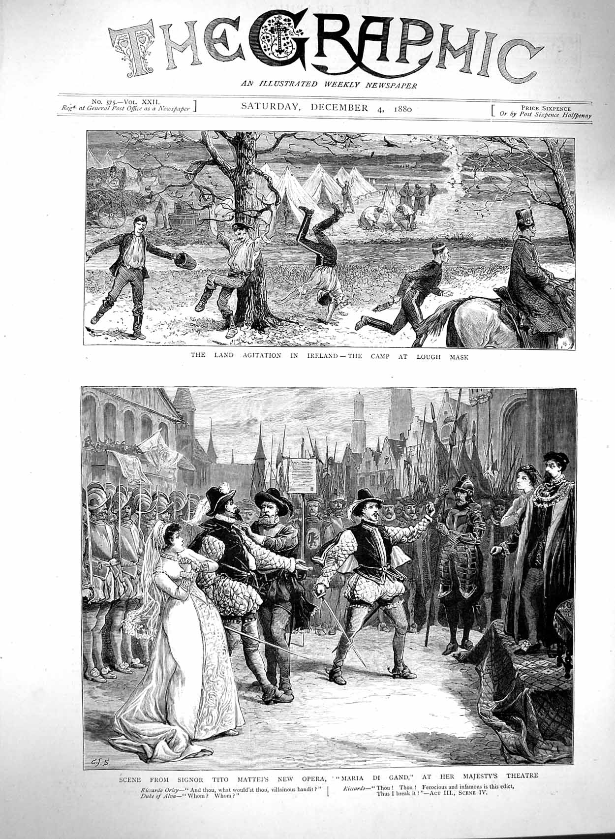 Original Old Antique Print 1880 Lough Mask Ireland Opera Theatre Maria Di Gand