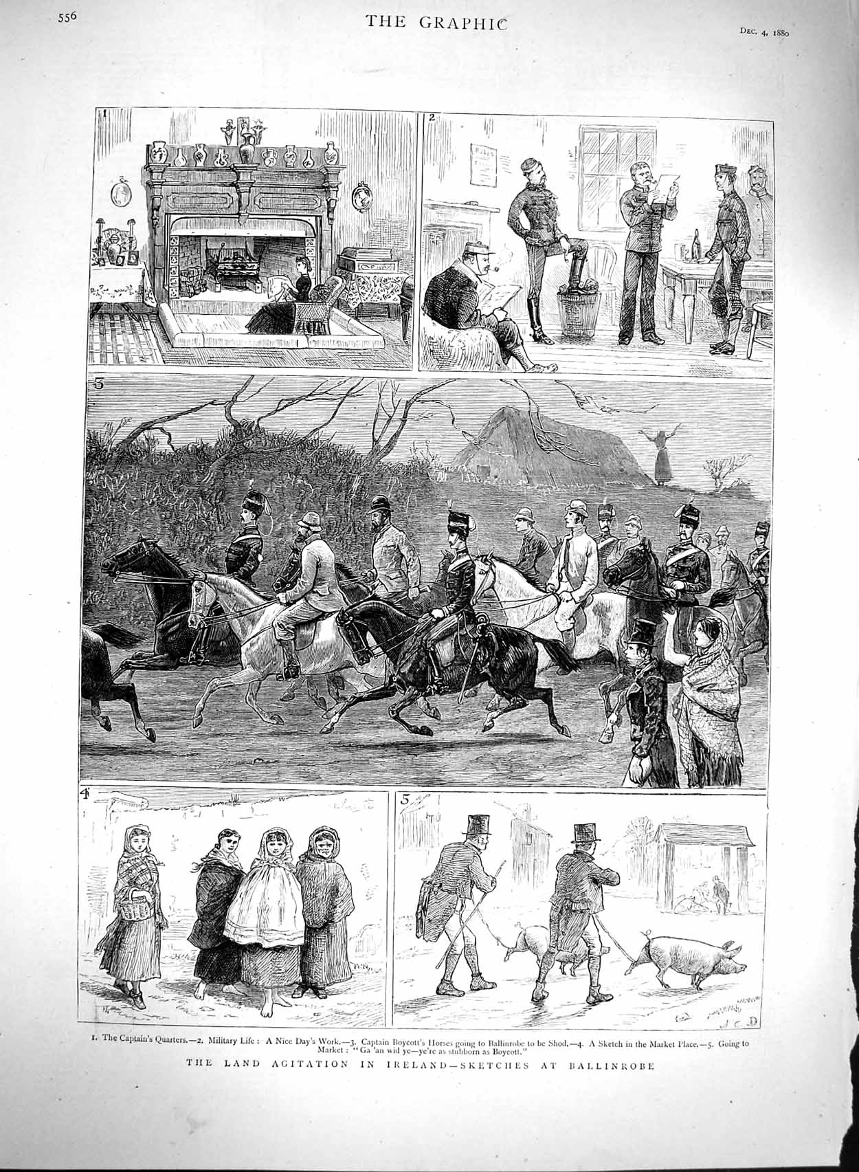 Original Old Antique Print 1880 Land Agitation Ireland Ballinrobe Boycott 19th