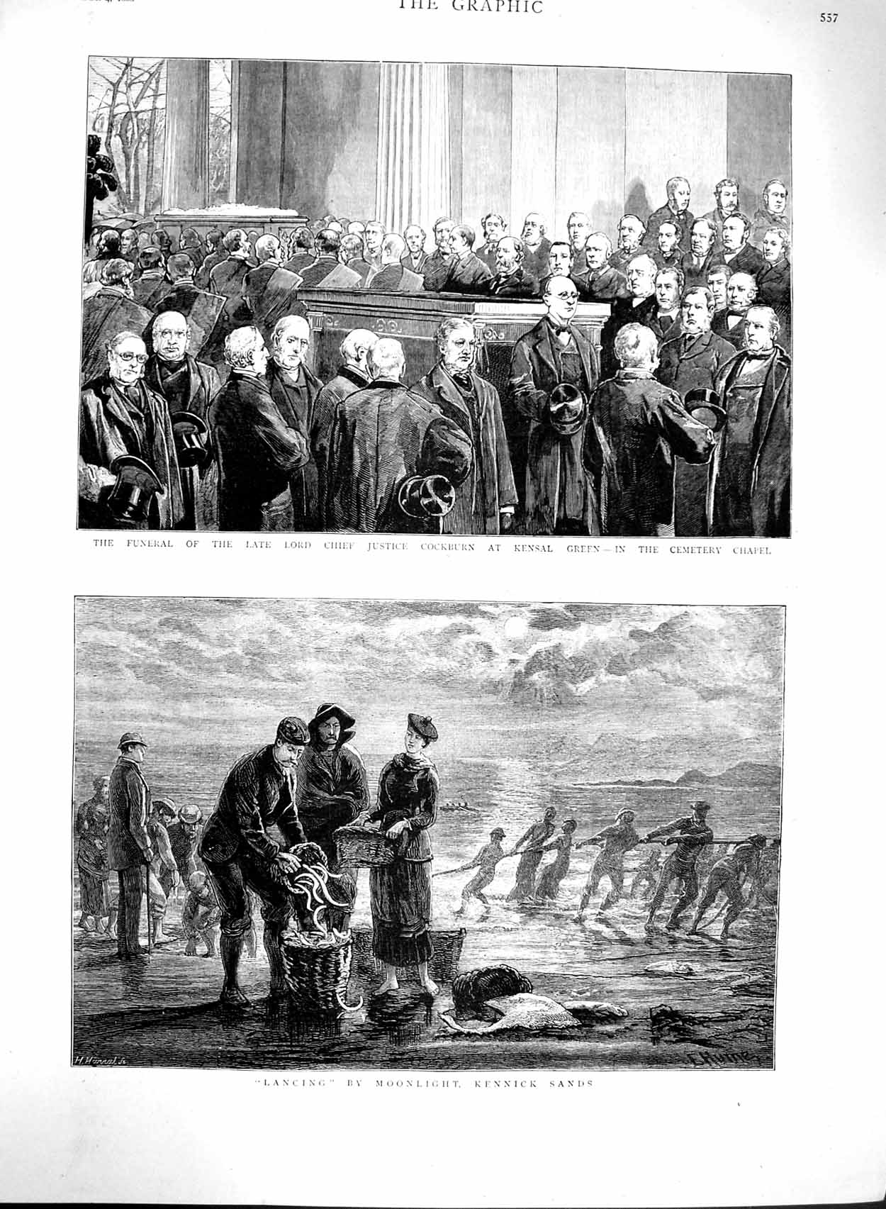 Original Old Antique Print 1880 Lancing Kennick Sands Fishing Funeral Cockburn
