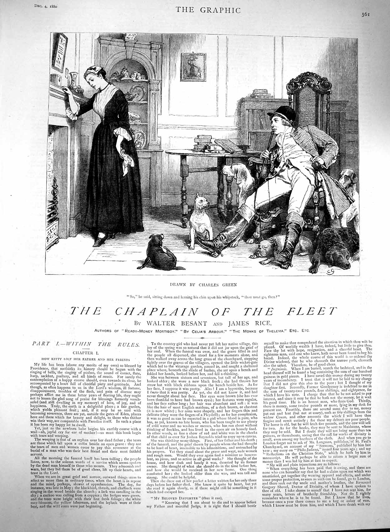 Original Old Antique Print 1880 Illustration Story Chaplain Fleet Charles Green