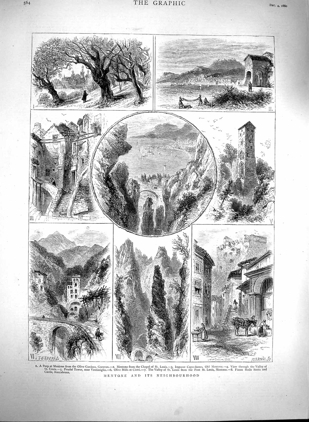 Original Old Antique Print 1880 Mentone Chapel Louis Piazza Castle Roccabruna
