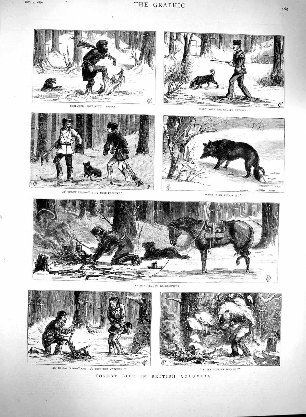 Original Old Antique Print 1880 Forest Life British Columbia Snow Winter Horses