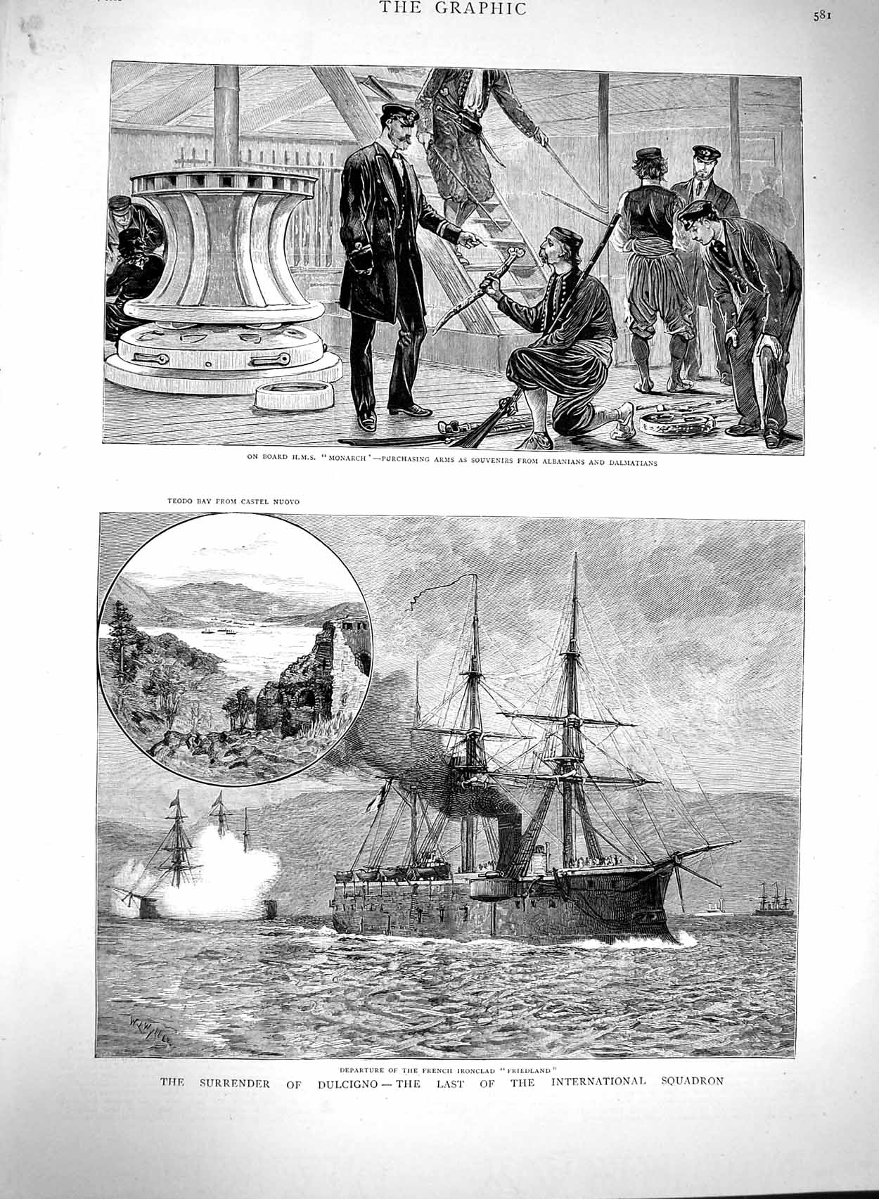 Original Old Antique Print 1880 French Ship Friedland Monarch Castel Nuovo War