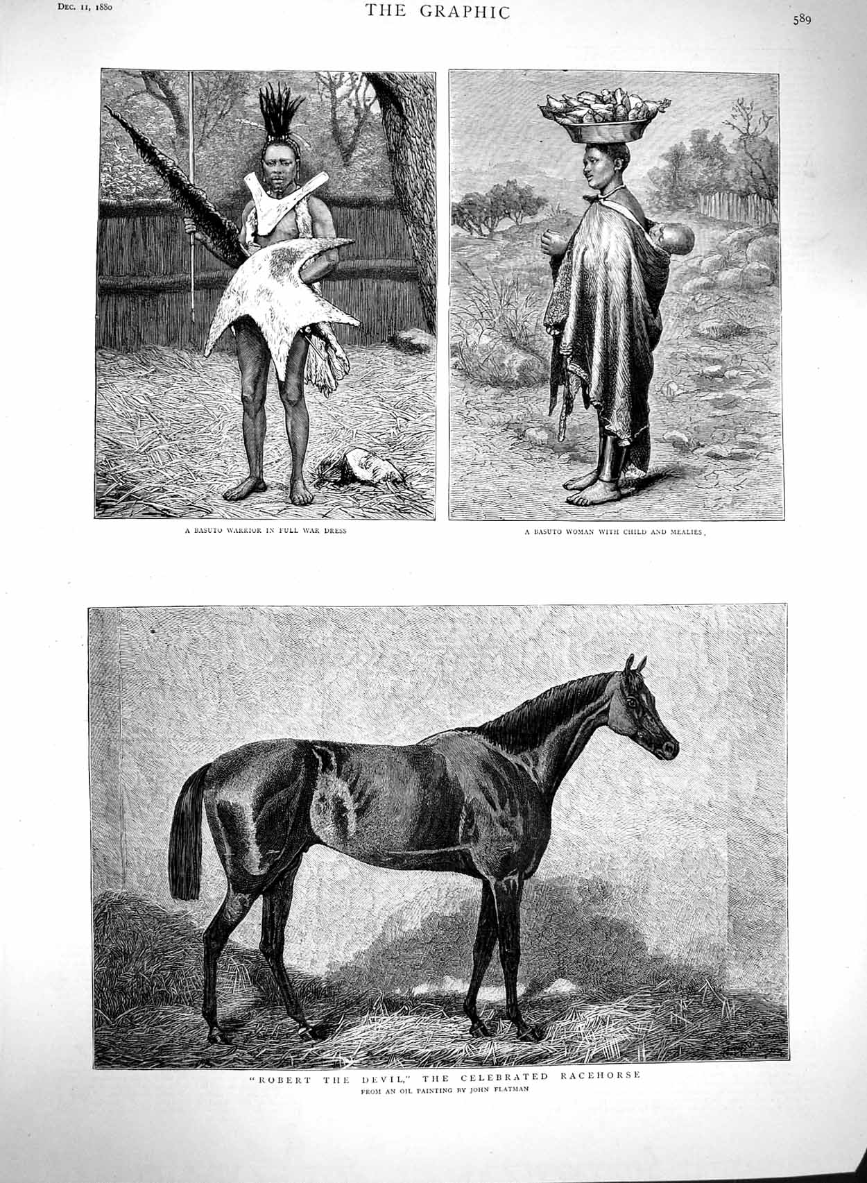 Old Antique Print 1880 Robert Devil Race Horse Basuto Warrior War Dress 19th