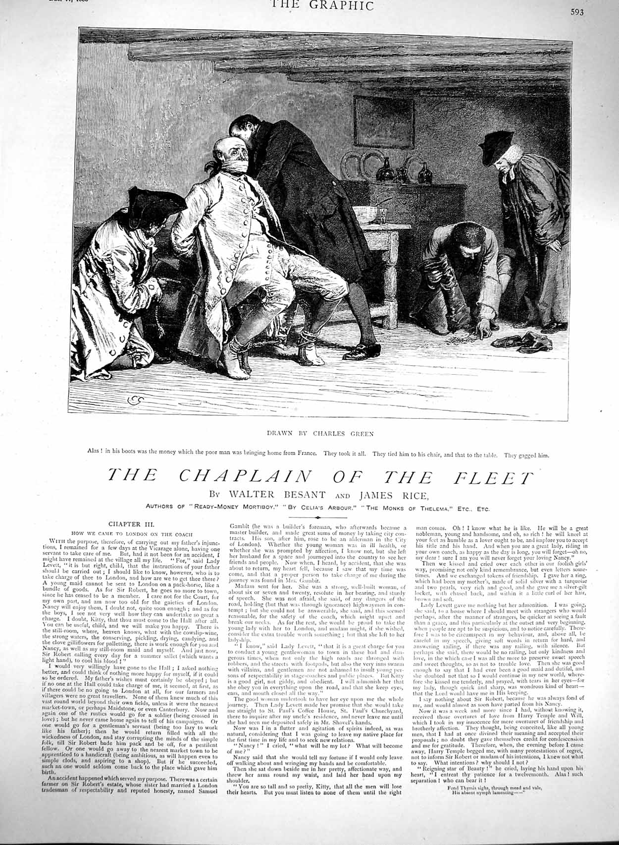 Old Antique Print 1880 Illustration Chaplain Fleet Charles Green Besant 19th