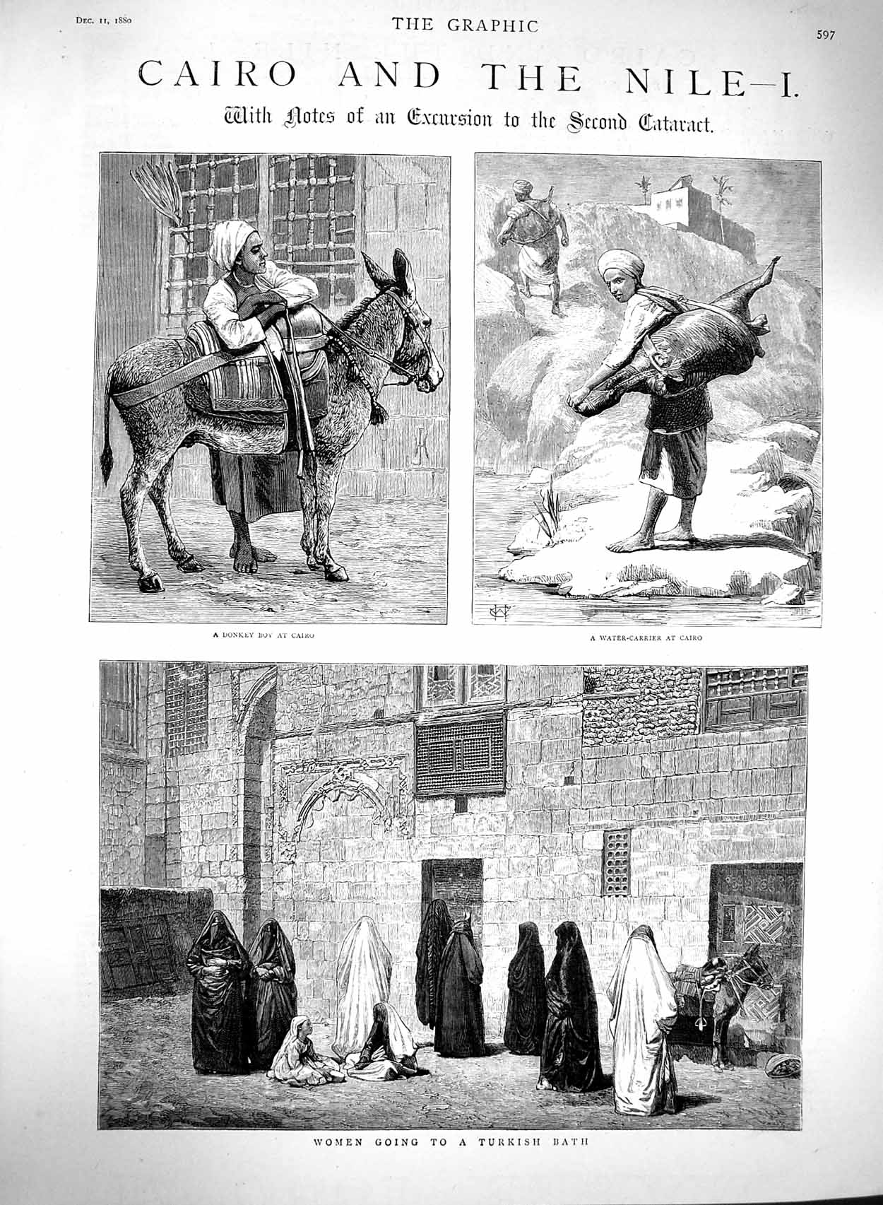 Original Old Antique Print 1880 Cairo Women Turkish Bath Donkey Water Carrier