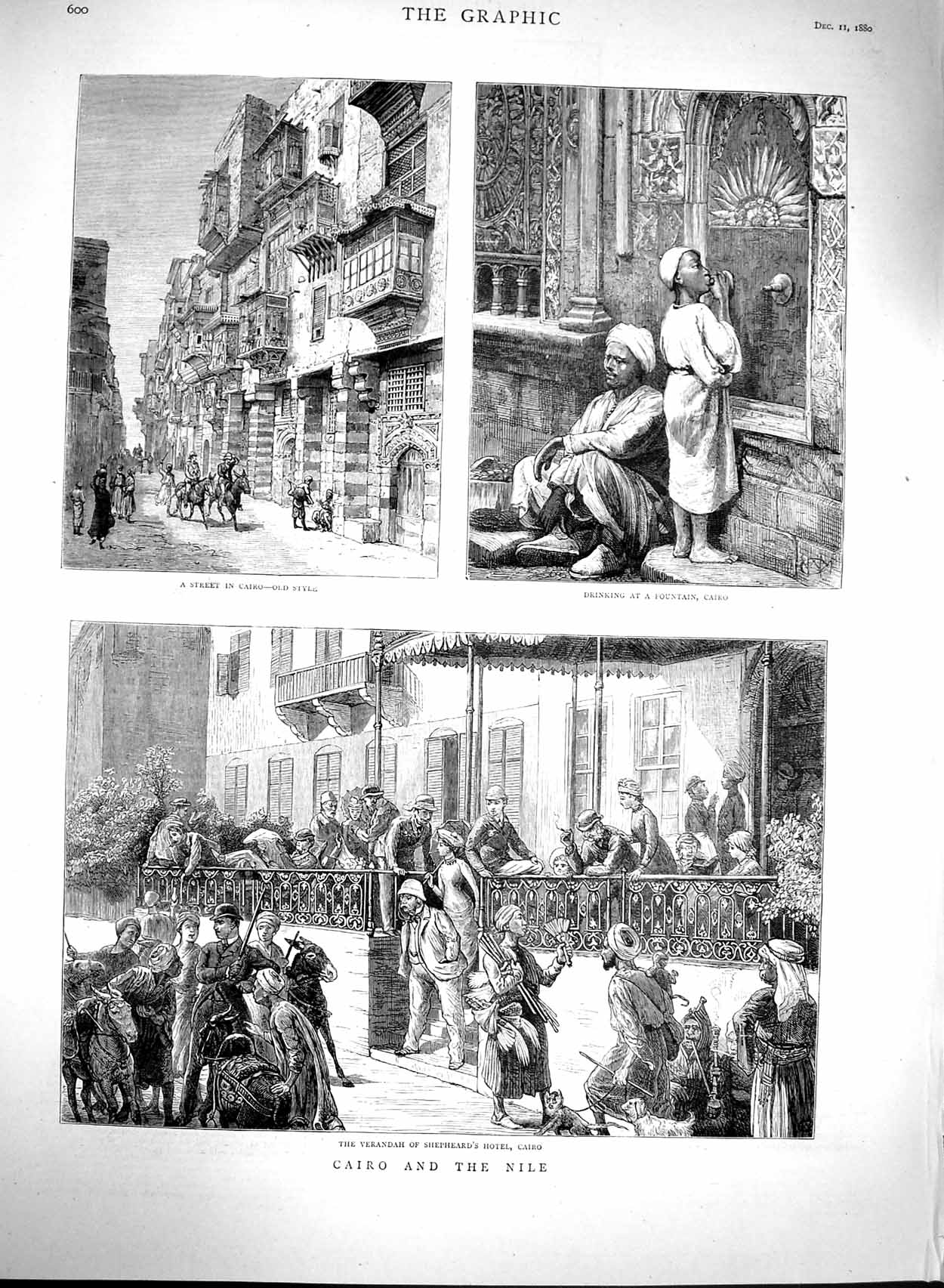 Original Old Antique Print 1880 Cairo Verandah Shepheard'S Hotel Drinking F 19th