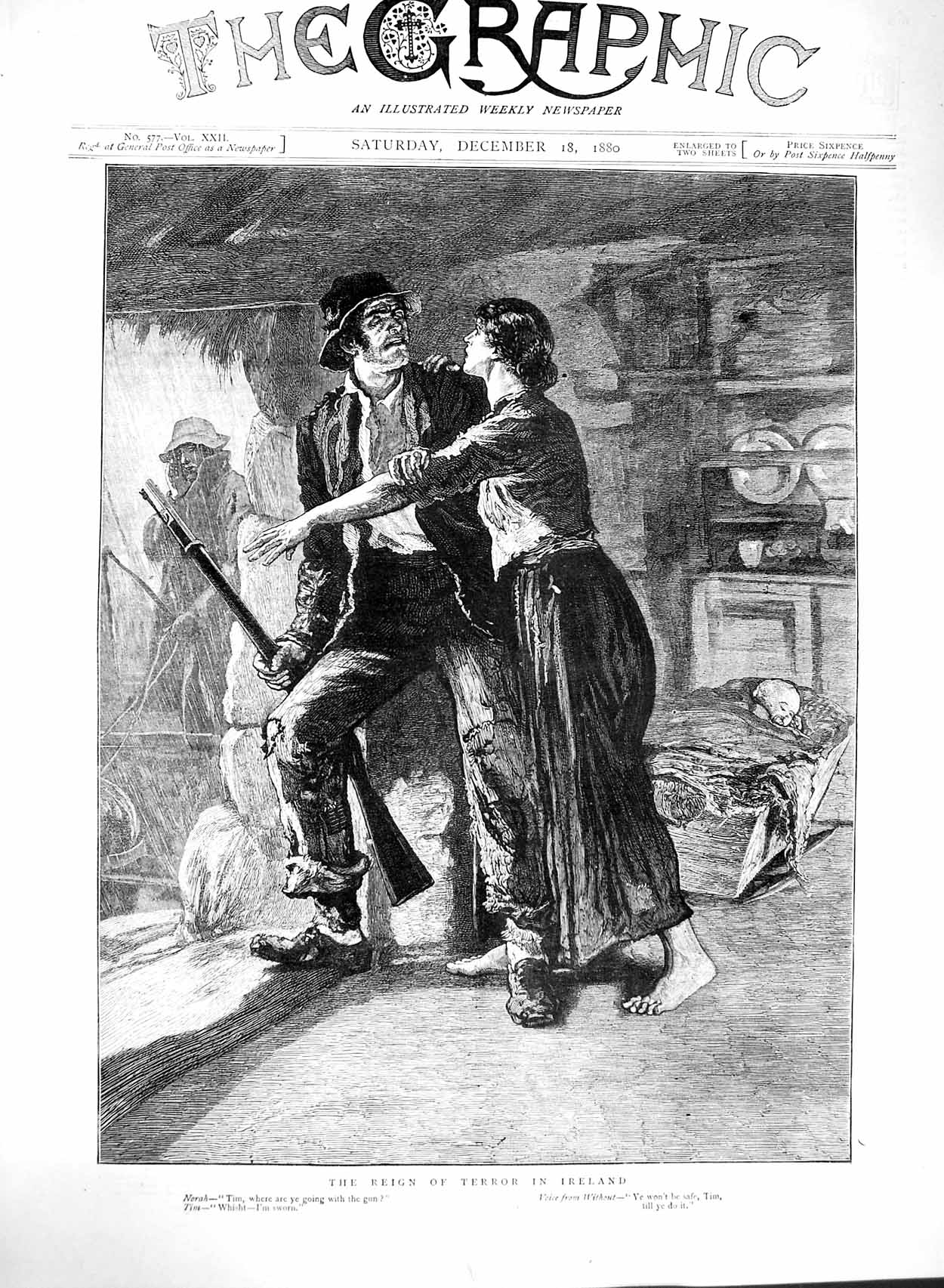Original Old Antique Print 1880 Reign Terror Ireland Man Woman Gun Norah Tim