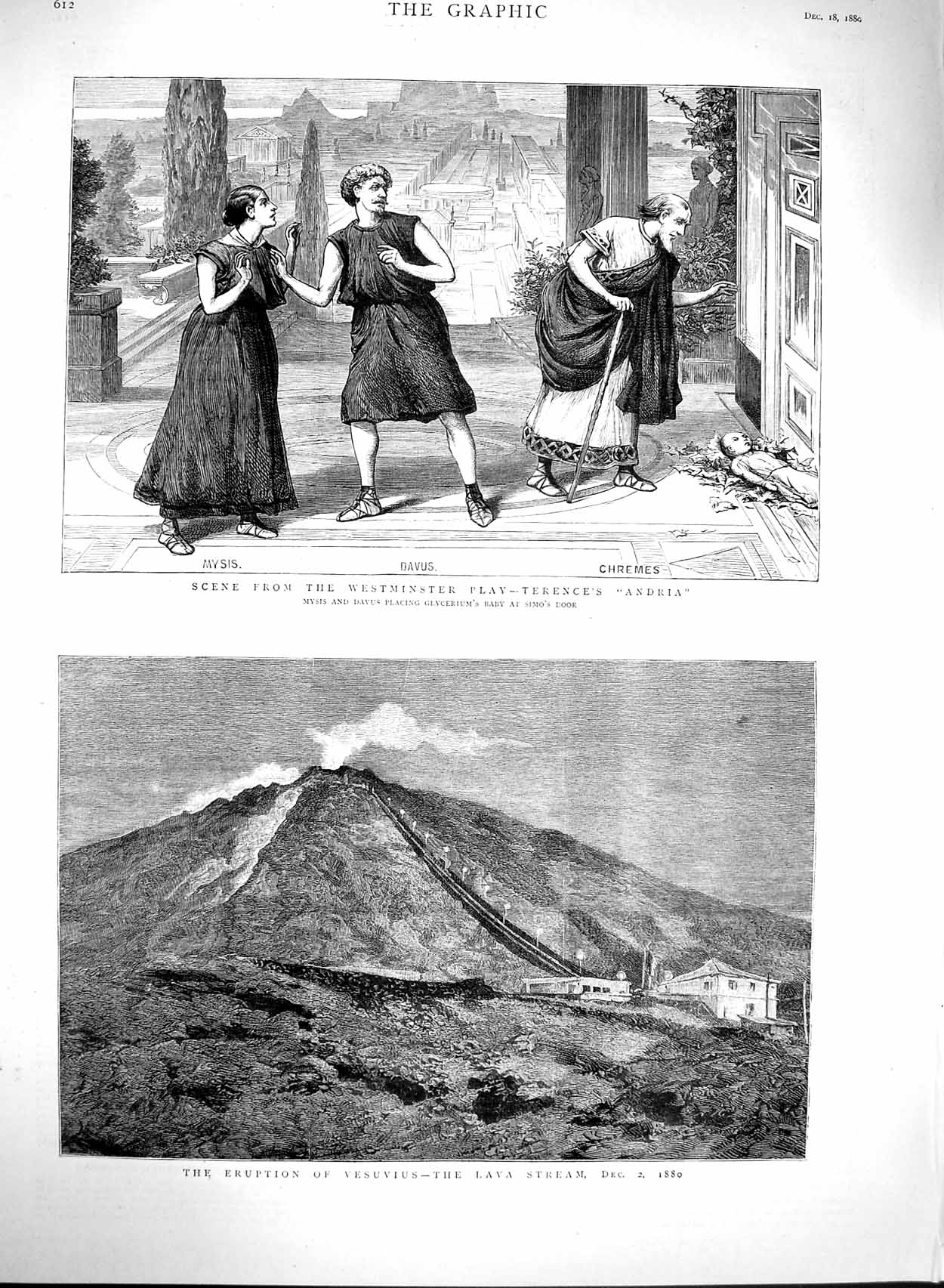 Old Antique Print 1880 Westminster Play Terence'S Andria Vesuvius Volcano 19th