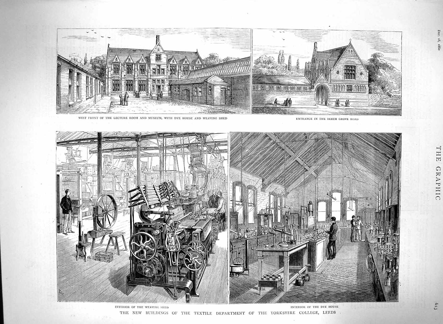 Old Antique Print 1880 Textile Department Yorkshire College Leeds Weaving 19th