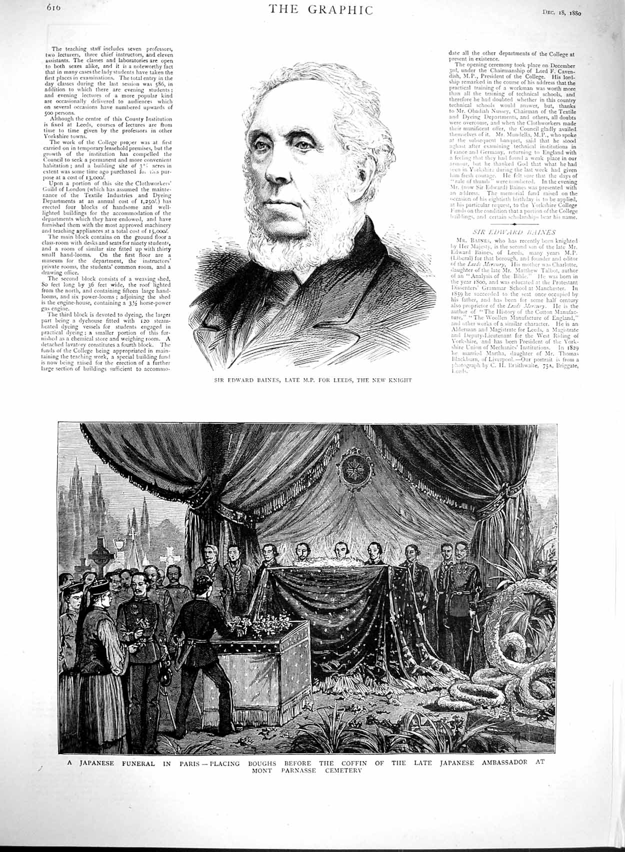 Original Old Antique Print 1880 Edward Baines Leeds Japanese Funeral Ambassador