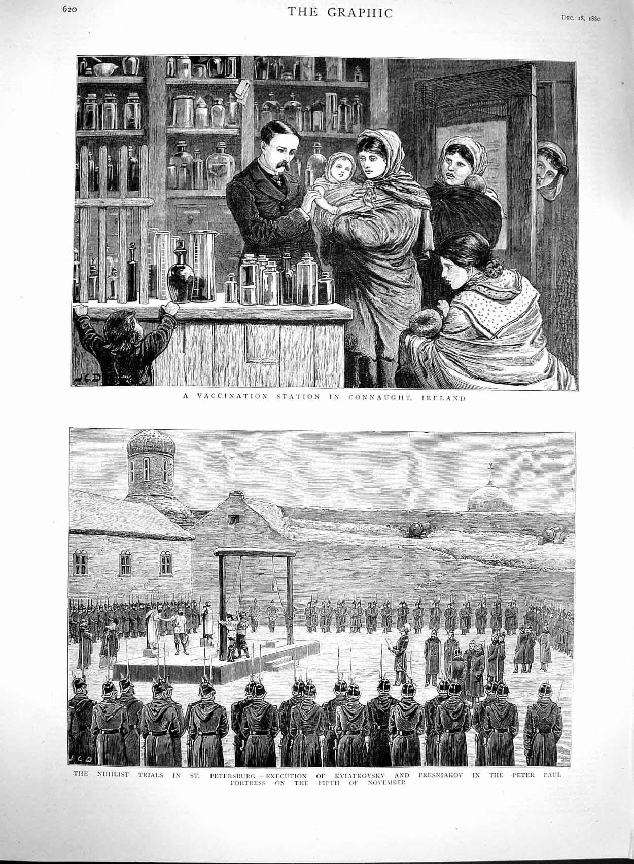 Original Old Antique Print 1880 Vaccination Ireland Nihilist Execution Kvia 19th