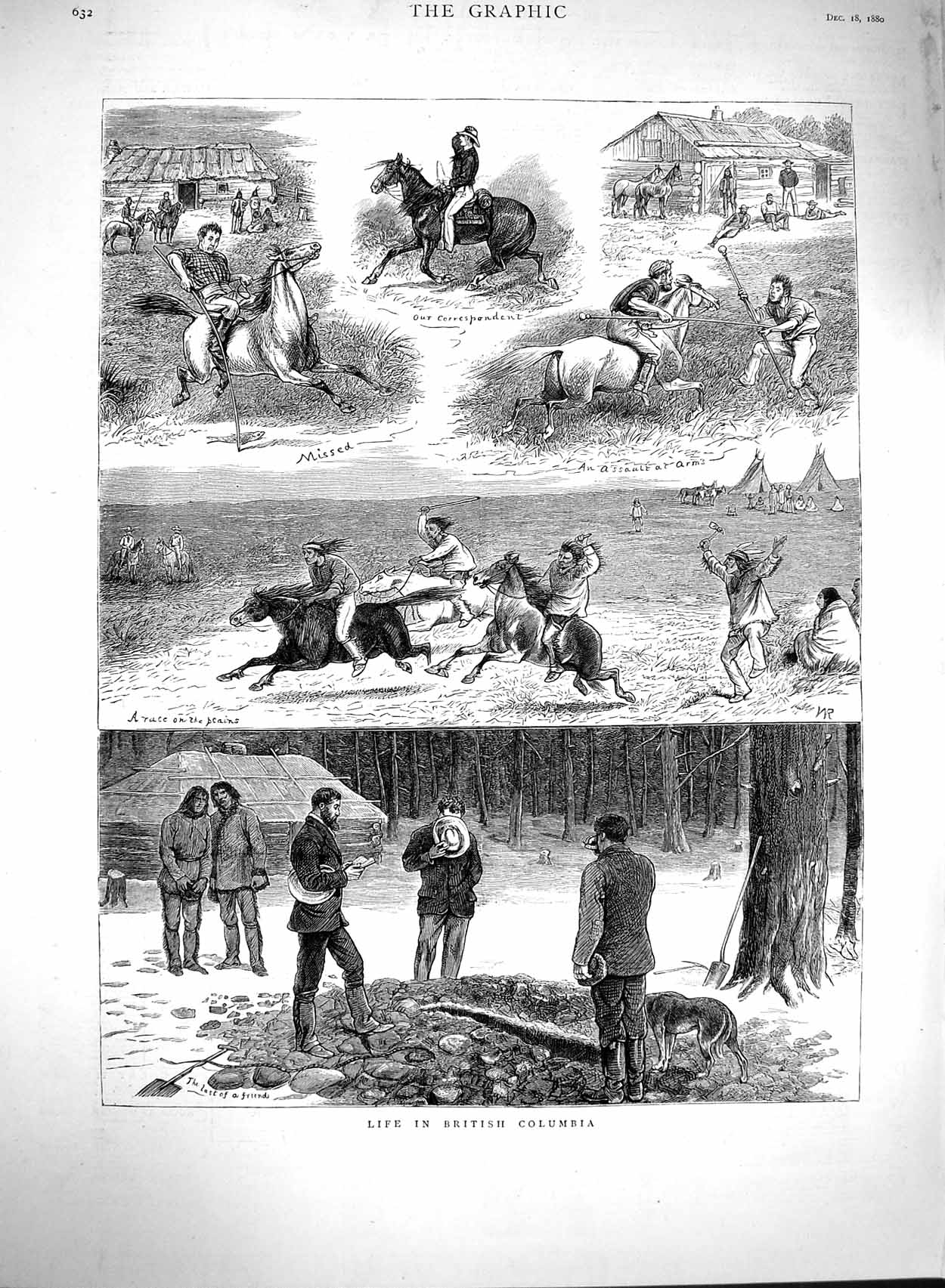 Original Old Antique Print 1880 British Columbia Sport Horses Racing Trees Men