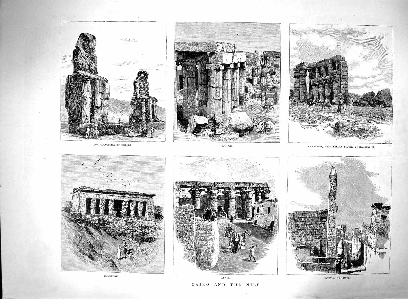 Old Antique Print 1880 Cairo Nile Colossuses Thebes Luxor Karnac Rameses 19th