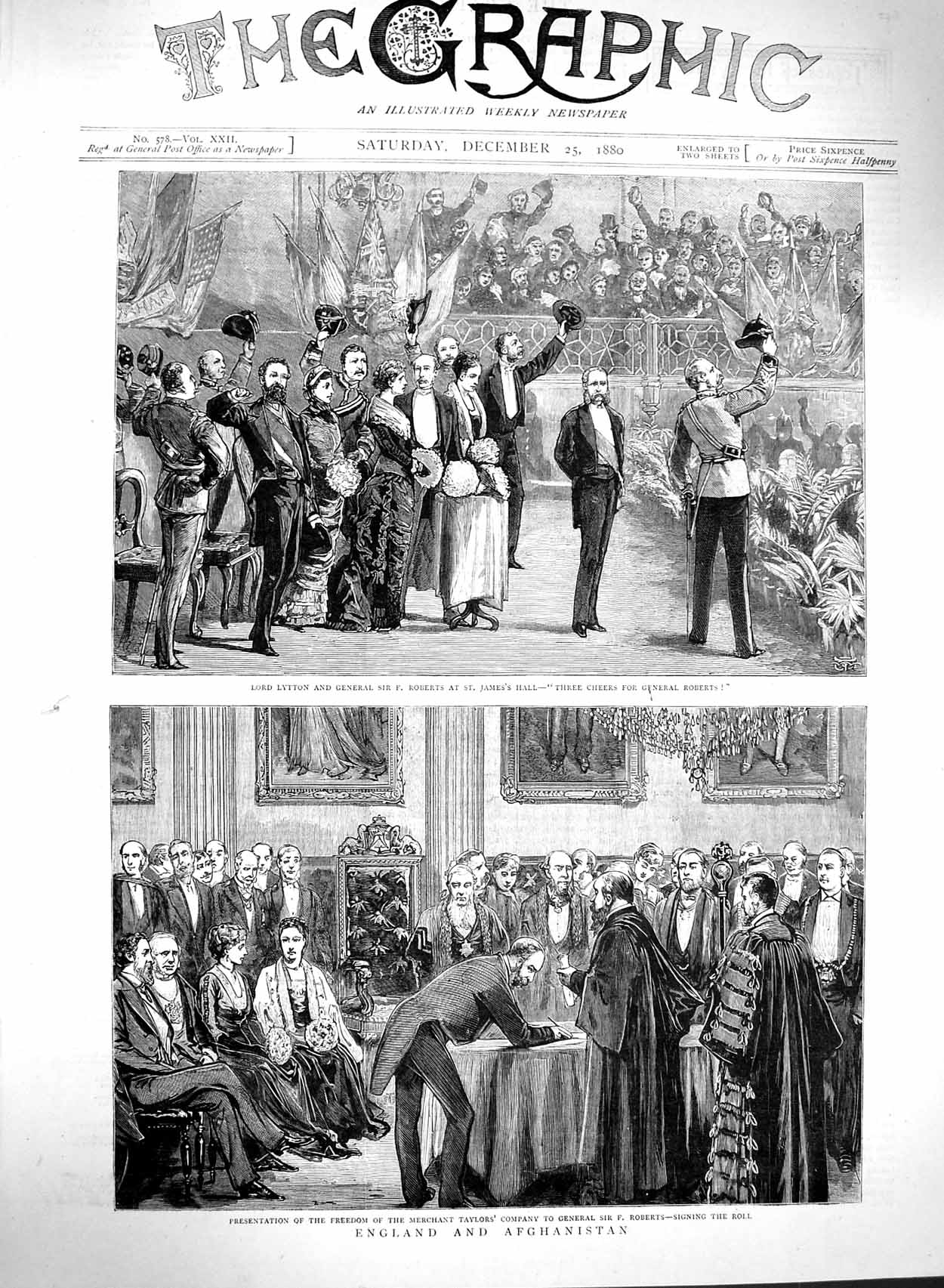 Old Antique Print 1880 England Afghanistan Lytton Roberts Merchant Taylor 19th