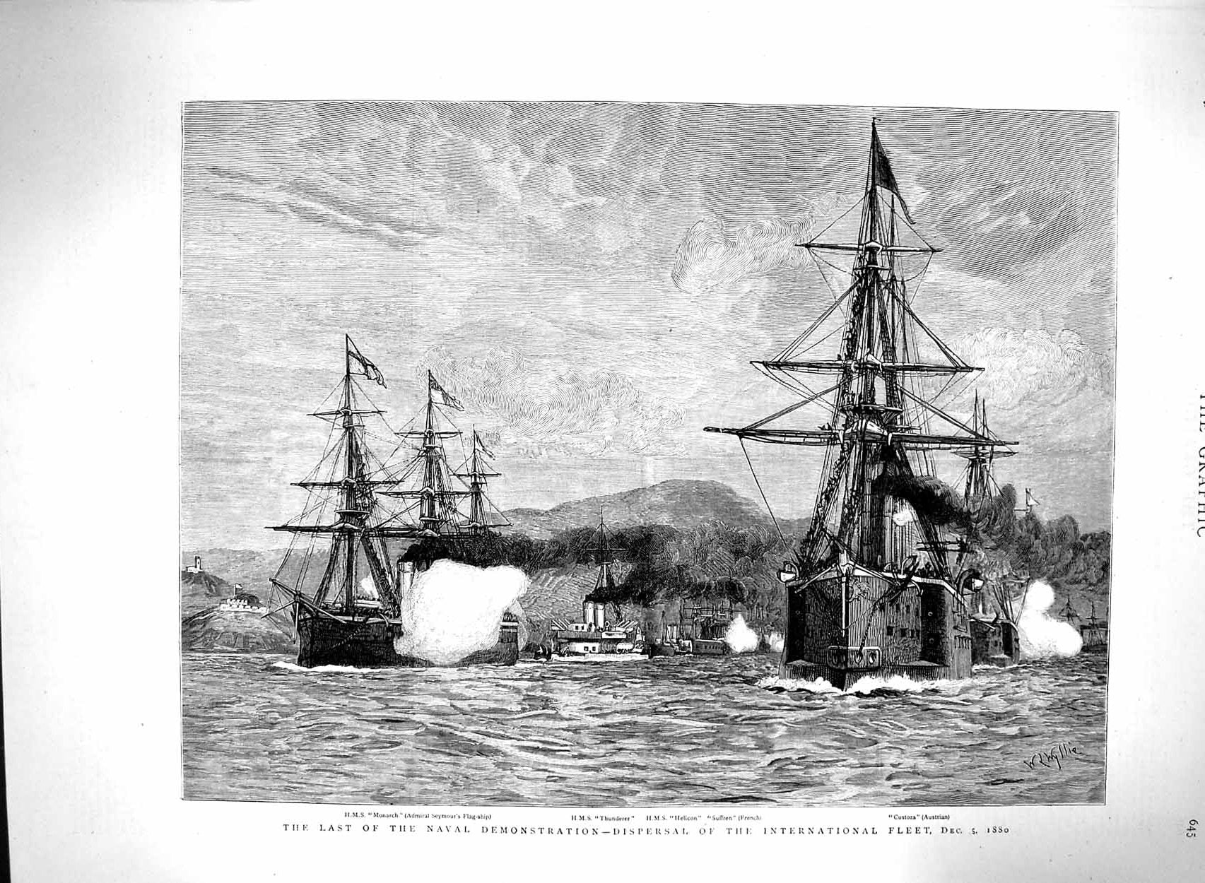 Original Old Antique Print 1880 H.M.S Ships Monarch Thunderer Helicon Custoza