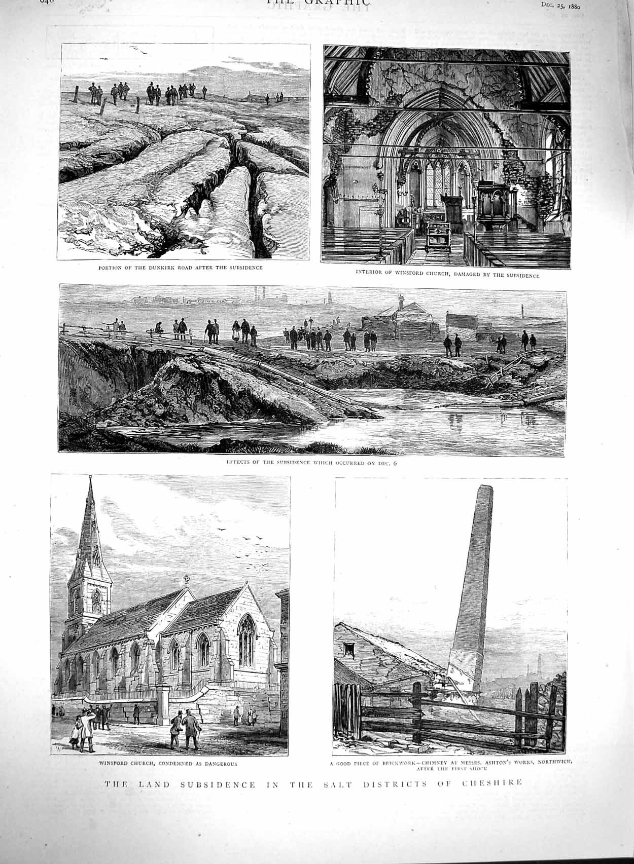 Old Antique Print 1880 Subsidence Salt District Cheshire Winsford Church 19th