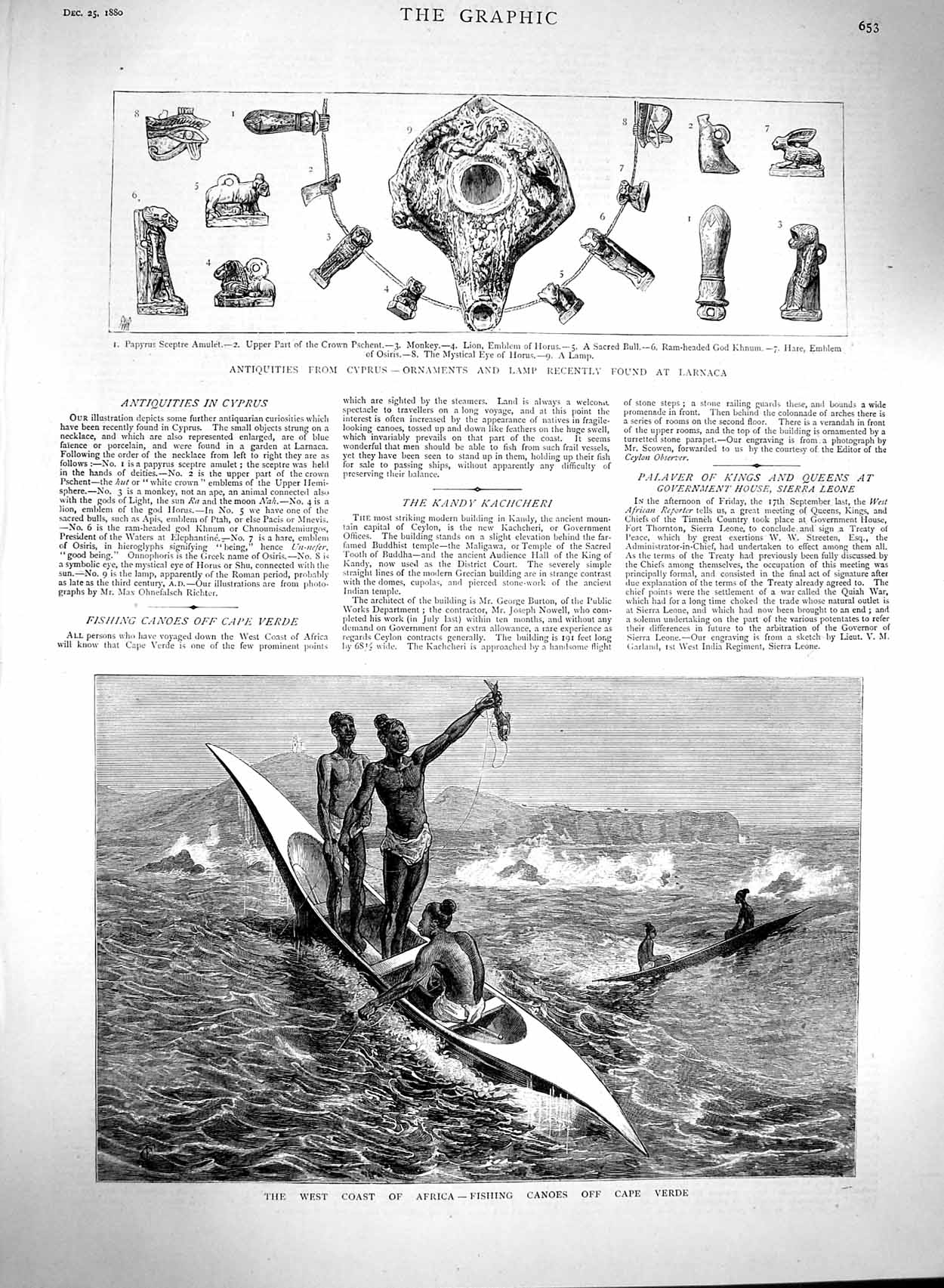 Original Old Antique Print 1880 Africa Fishing Canoes Verde Archaeology 19th