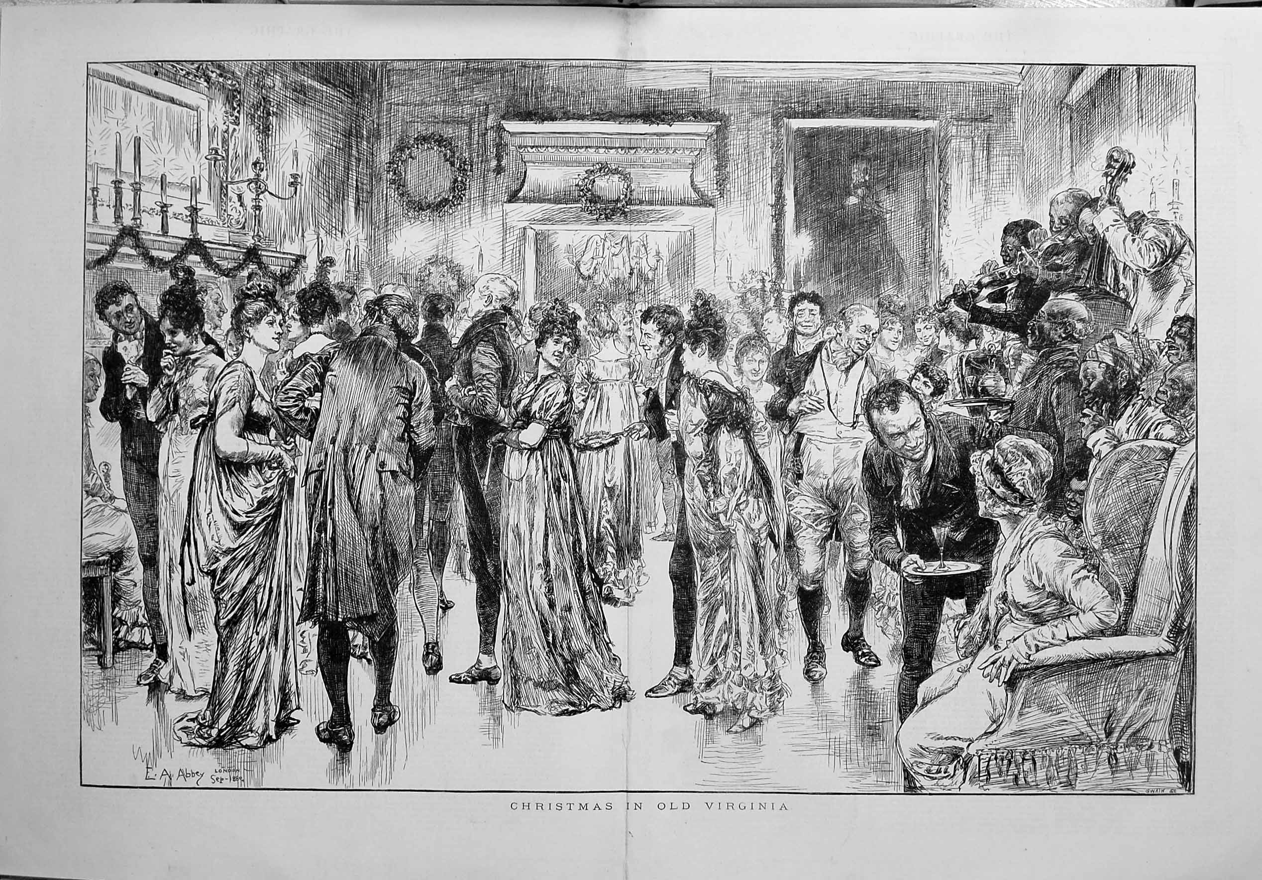 Original Old Antique Print 1880 Scene Christmas Virginia Dancing Romance M 19th