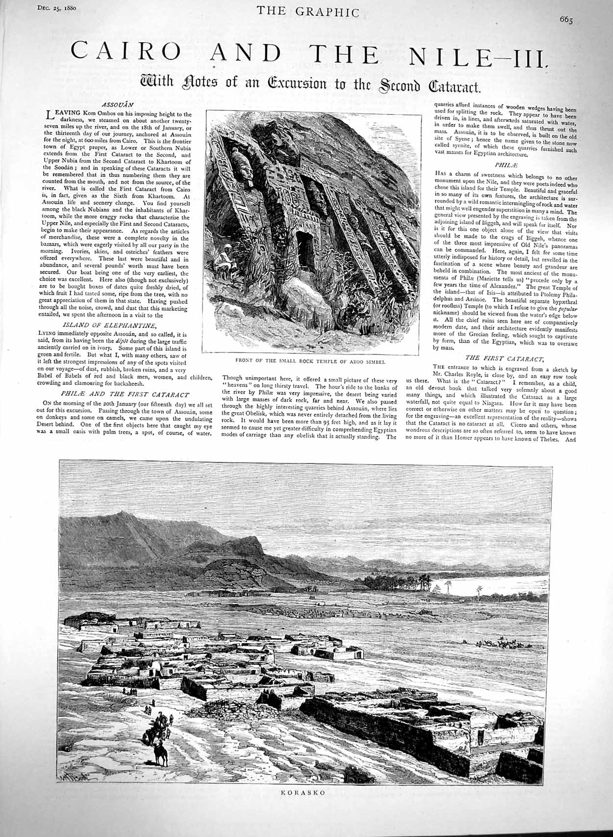 Old Antique Print 1880 Cairo View Korasko Small Rock Temple Aboo Simbel 19th