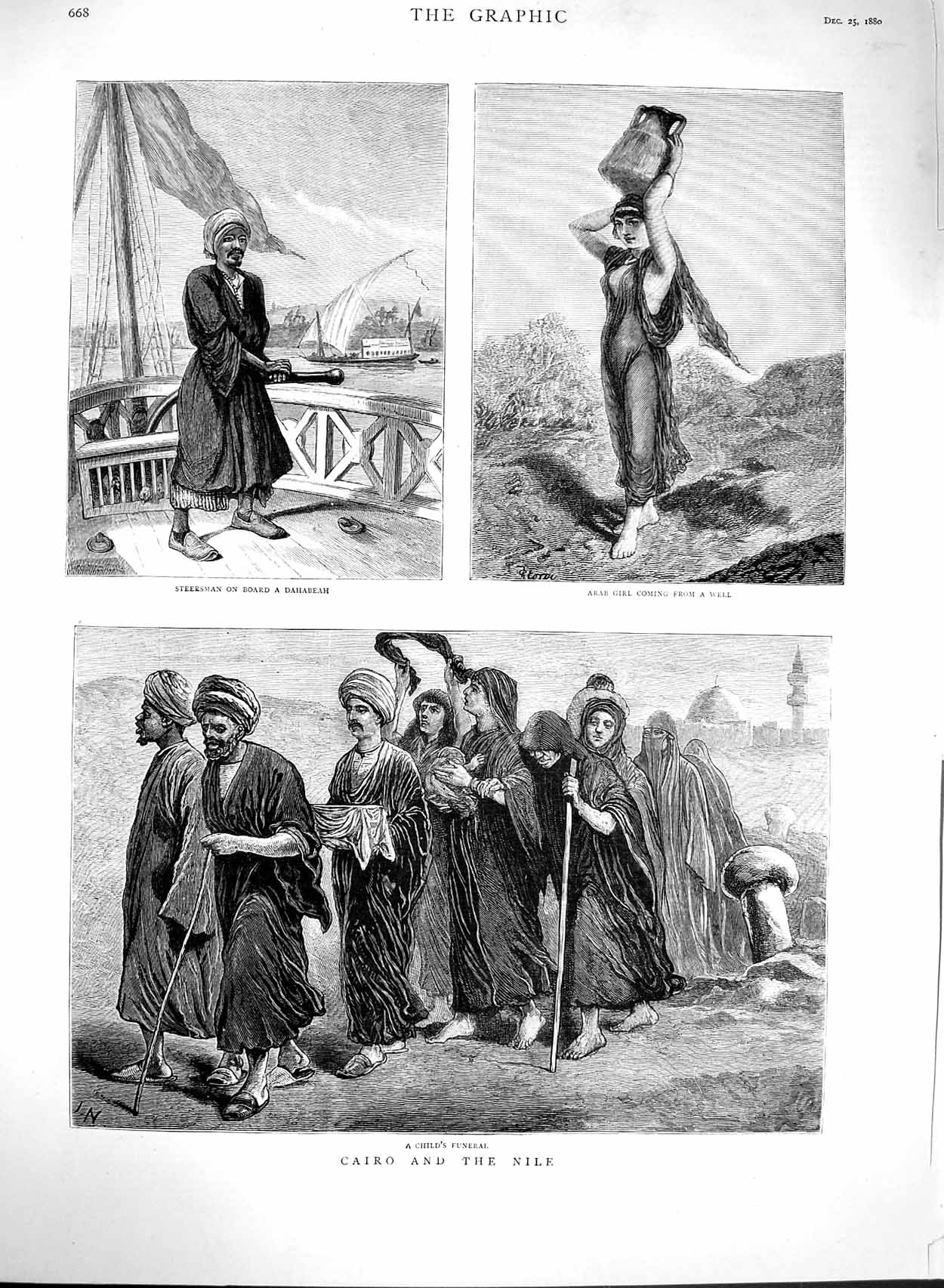 Original Old Antique Print 1880 Cairo Nile Funeral Arab Girl Steersman Dahabeah