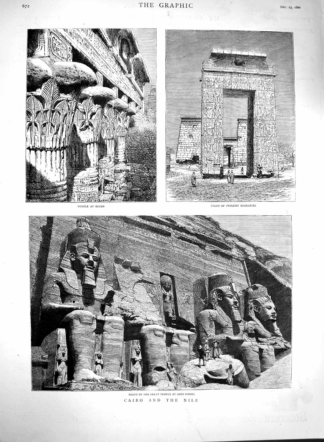 Old Antique Print 1880 Cairo River Nile Temple Aboo Simbel Esneh Ptolemy 19th