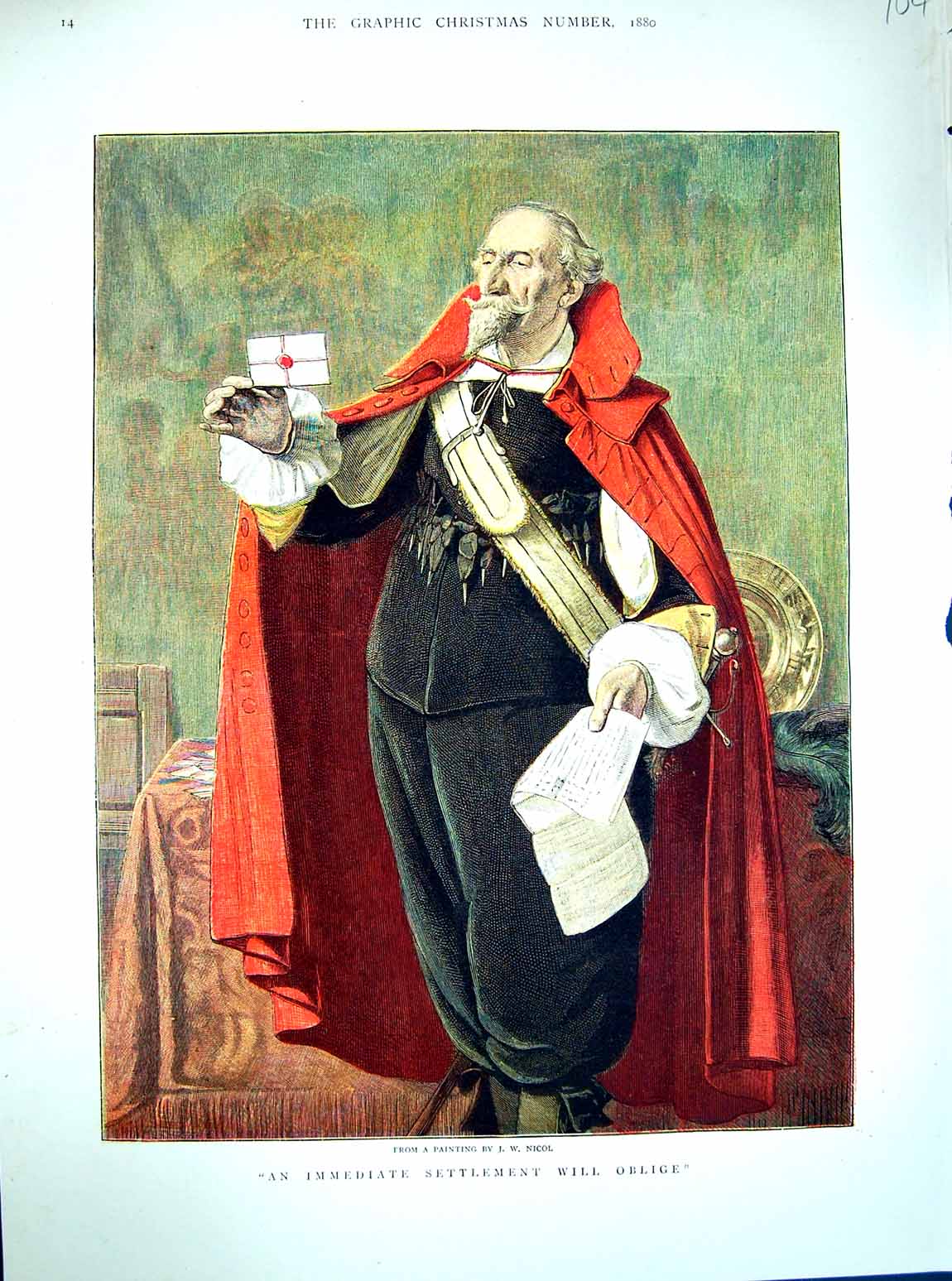 Original Old Antique Print 1880 Colour Man Letter Costume Nicol 19th