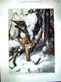 Original Old Antique Print 1880 Colour Moose Hunting Snow Winter Country 19th