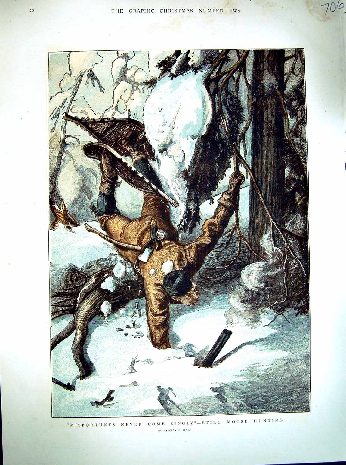 Original Old Antique Print 1880 Colour Moose Hunting Snow Winter Country 19th
