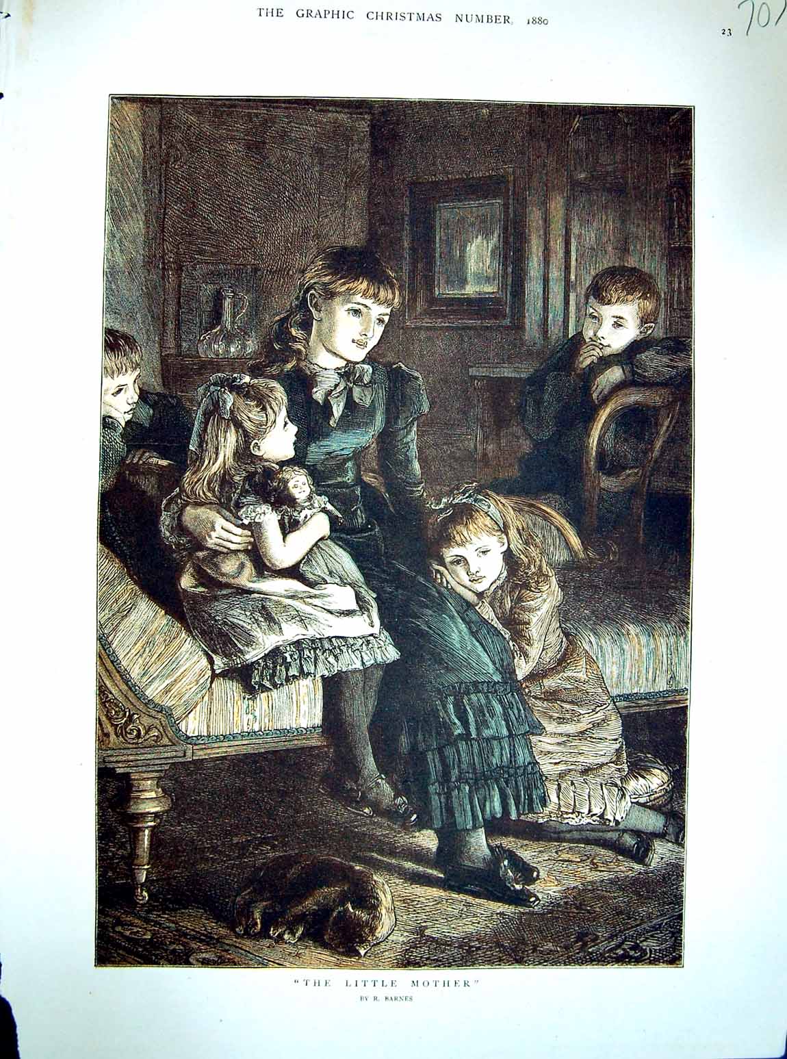 Original Old Antique Print 1880 Colour Children Mother House Cat 19th