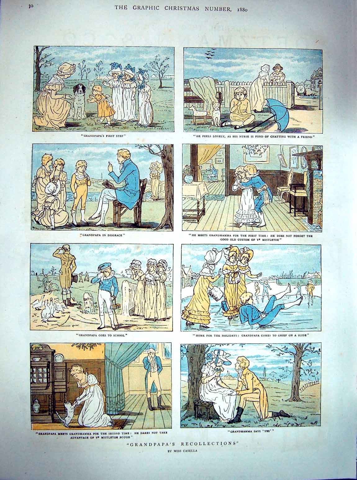 Original Old Antique Print 1880 Colour Grandpapa Children Grandmamma Country