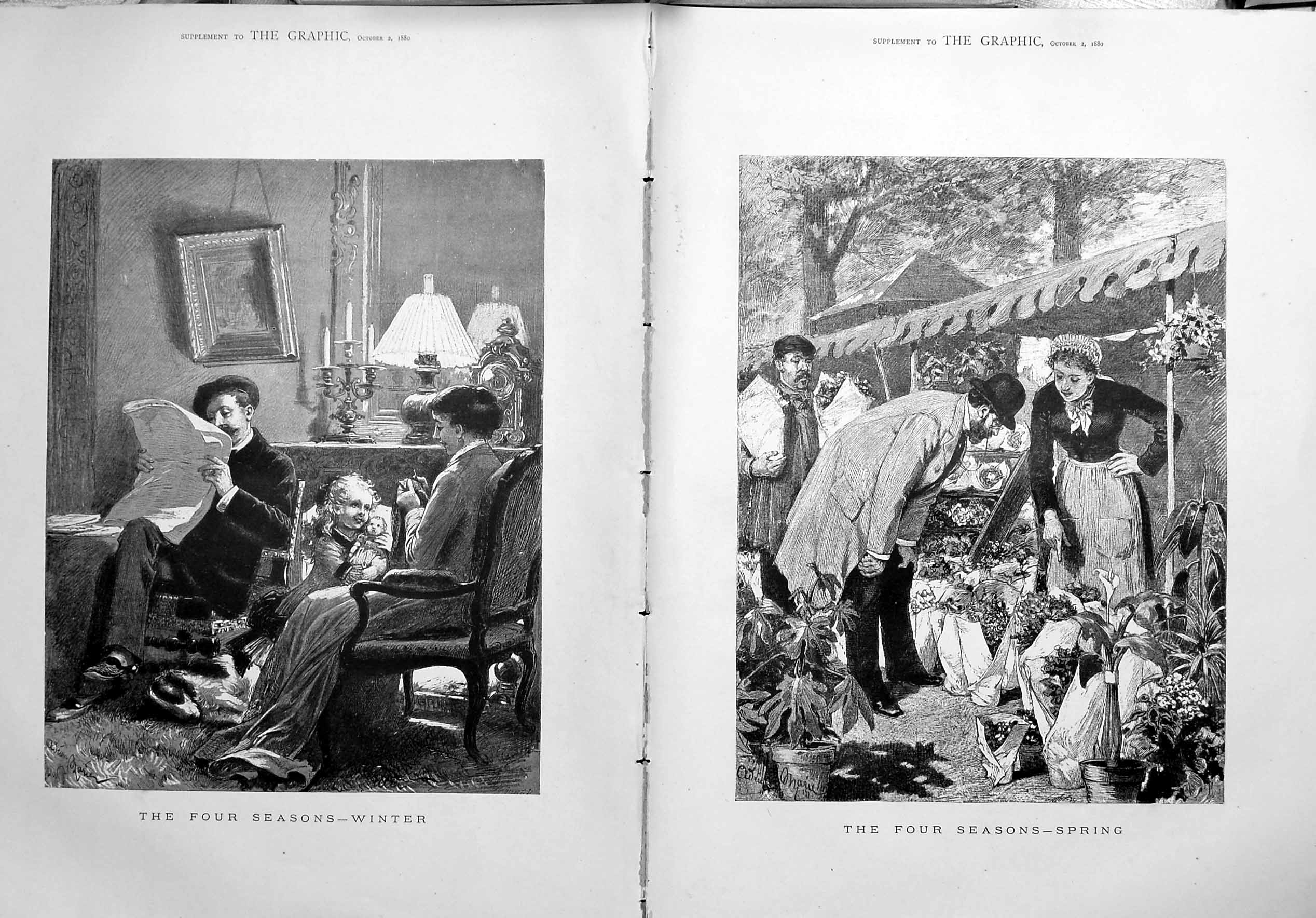 Original Old Antique Print 1880 Four Seasons Flowers Spring Autumn Romance