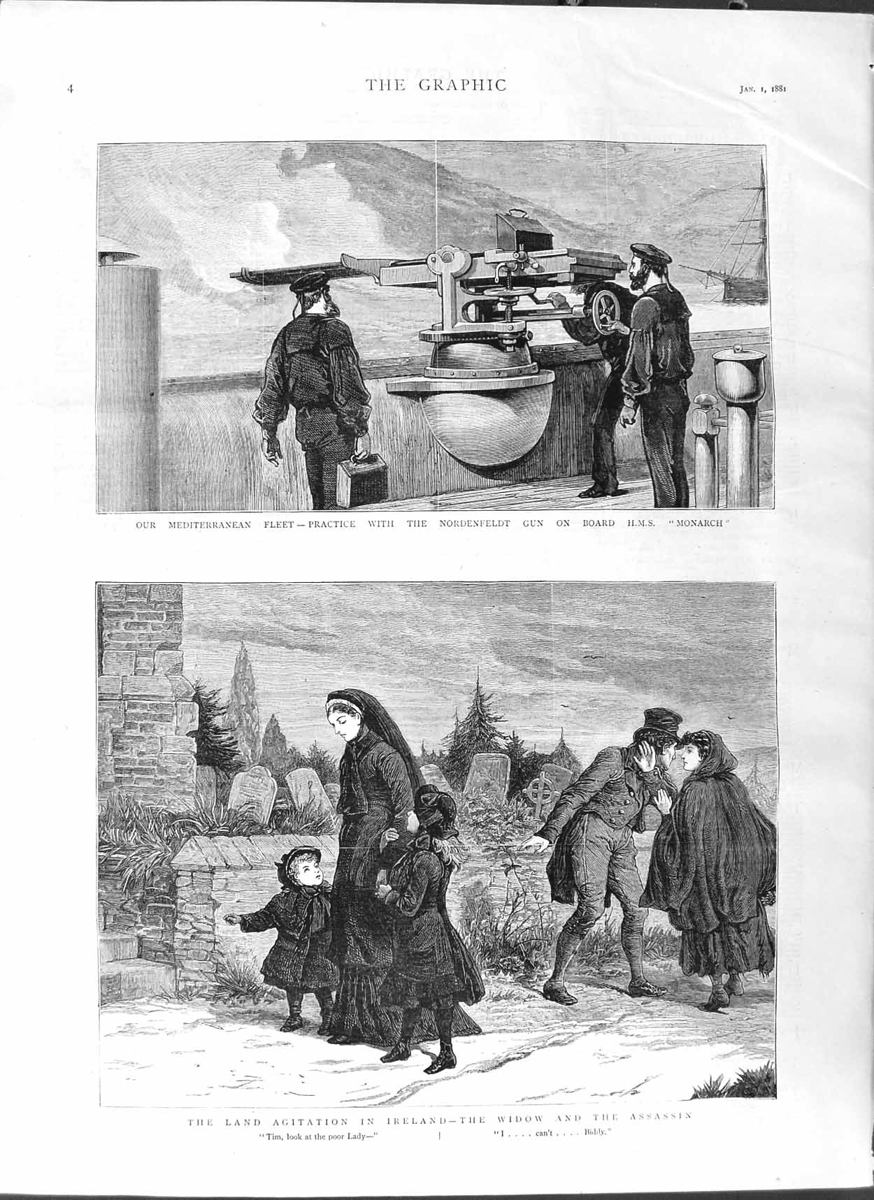 Original Old Antique Print 1881 Agitation Ireland Nordenfeldt Gun Monarch Ship