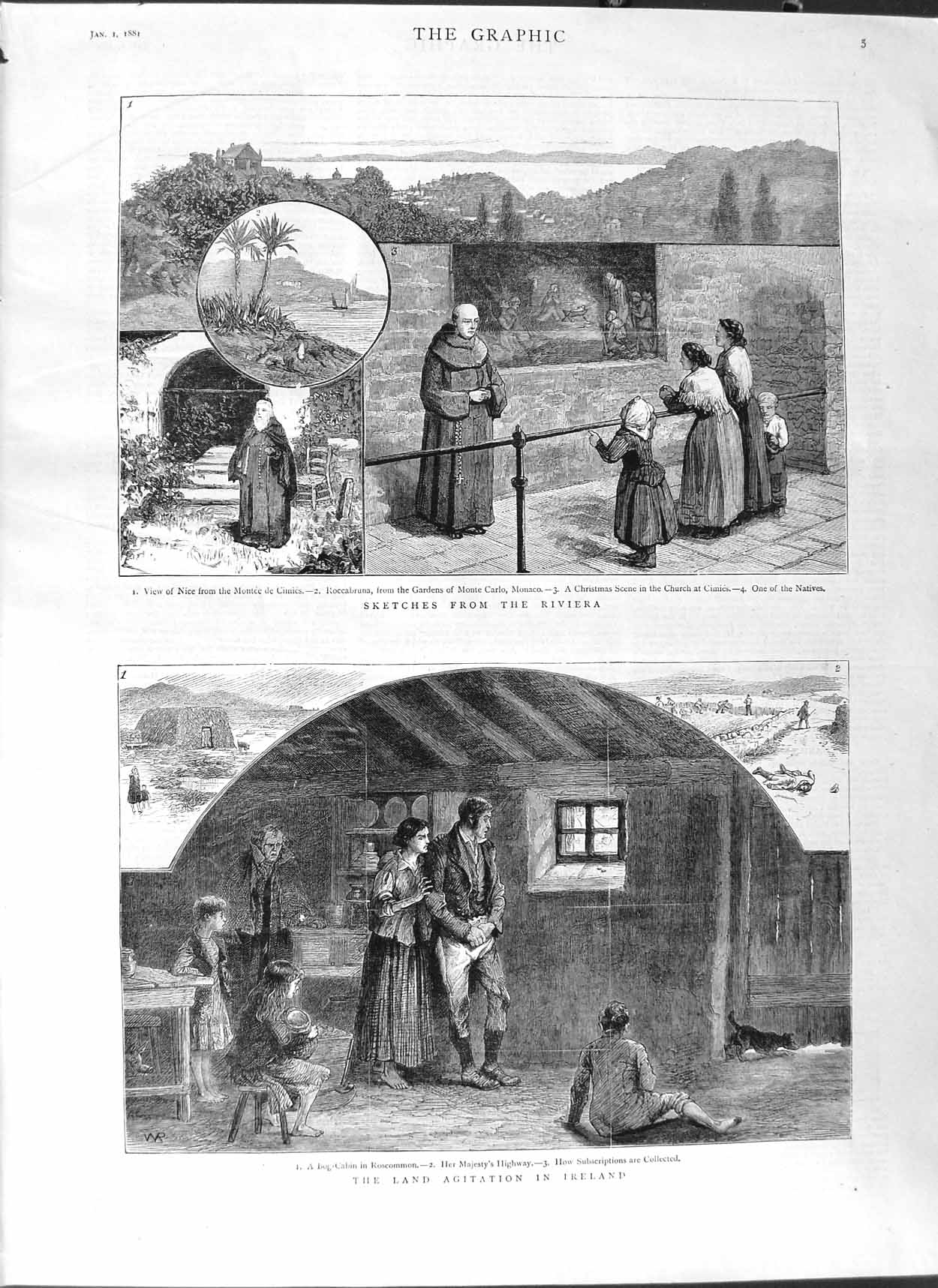 Original Old Antique Print 1881 Nice Monte Carlo Cimies Ireland Land Agitation