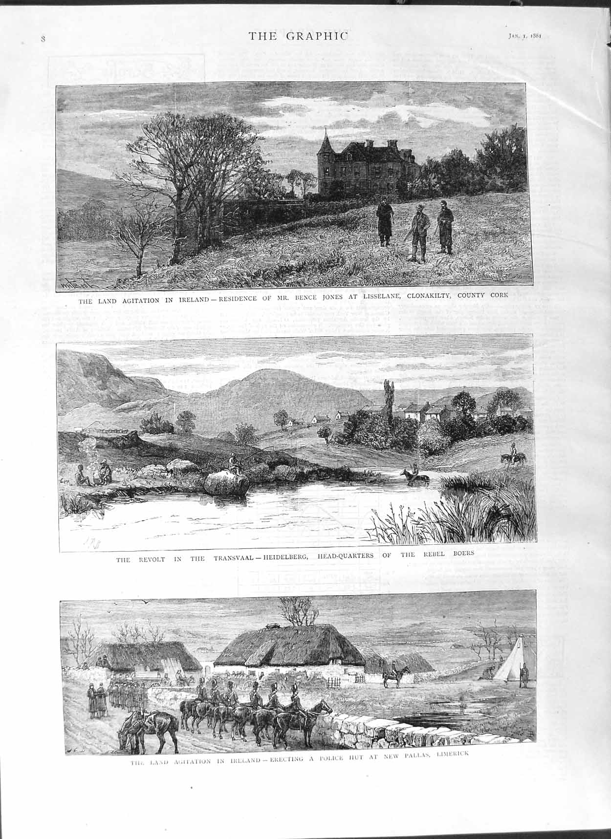 Original Old Antique Print 1881 Police Ireland Bence Jones Transvaal Heidelberg
