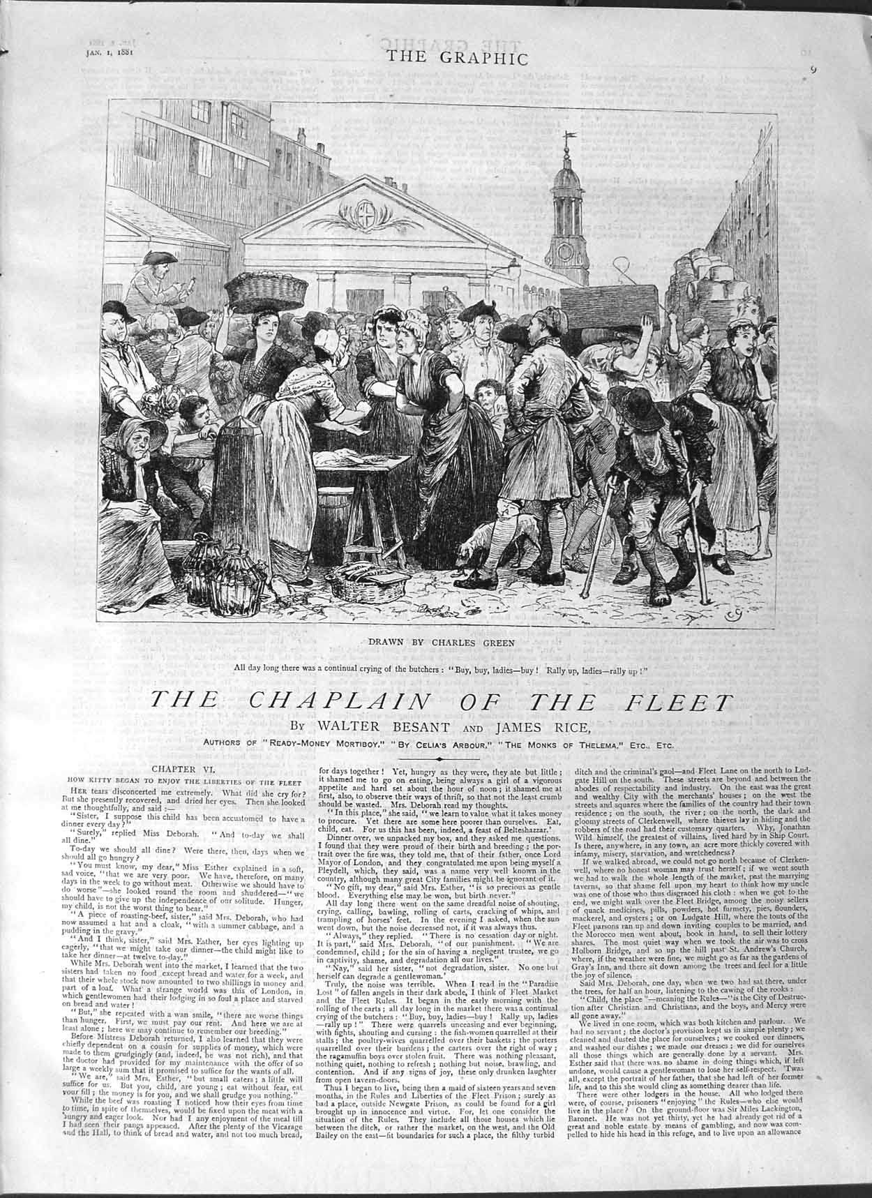 Original Old Antique Print 1881 Illustration Story Chaplain Fleet Street Market