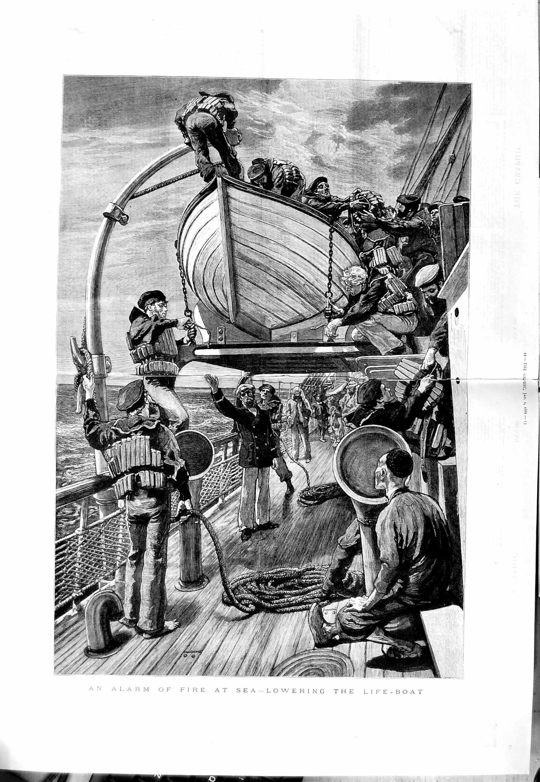 Original Old Antique Print 1881 Sea Life Boat Ship Passengers Fine Art 0 19th