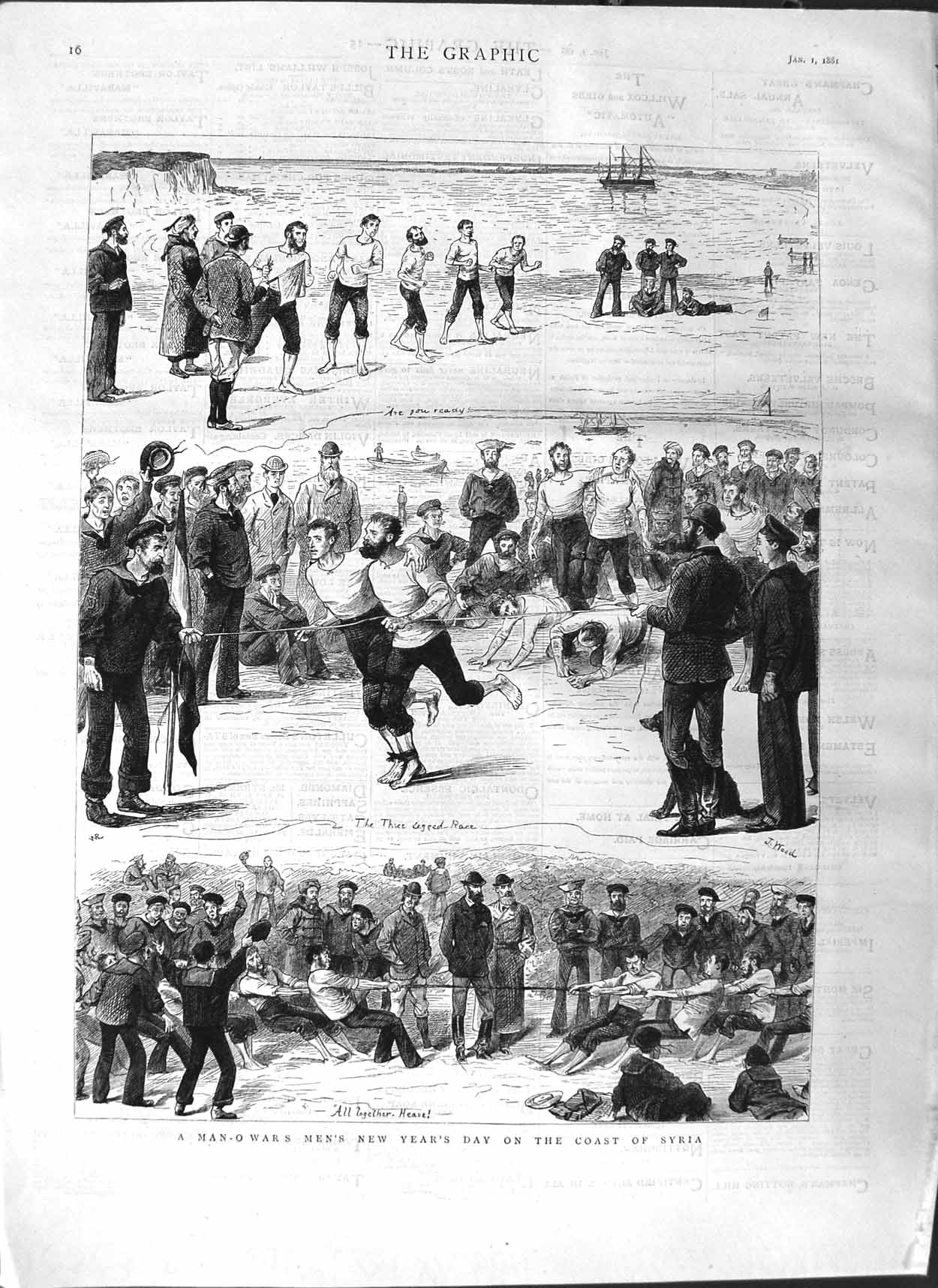 Original Old Antique Print 1881 Siers Sport New Years Syria Ship Man-O-War 19th