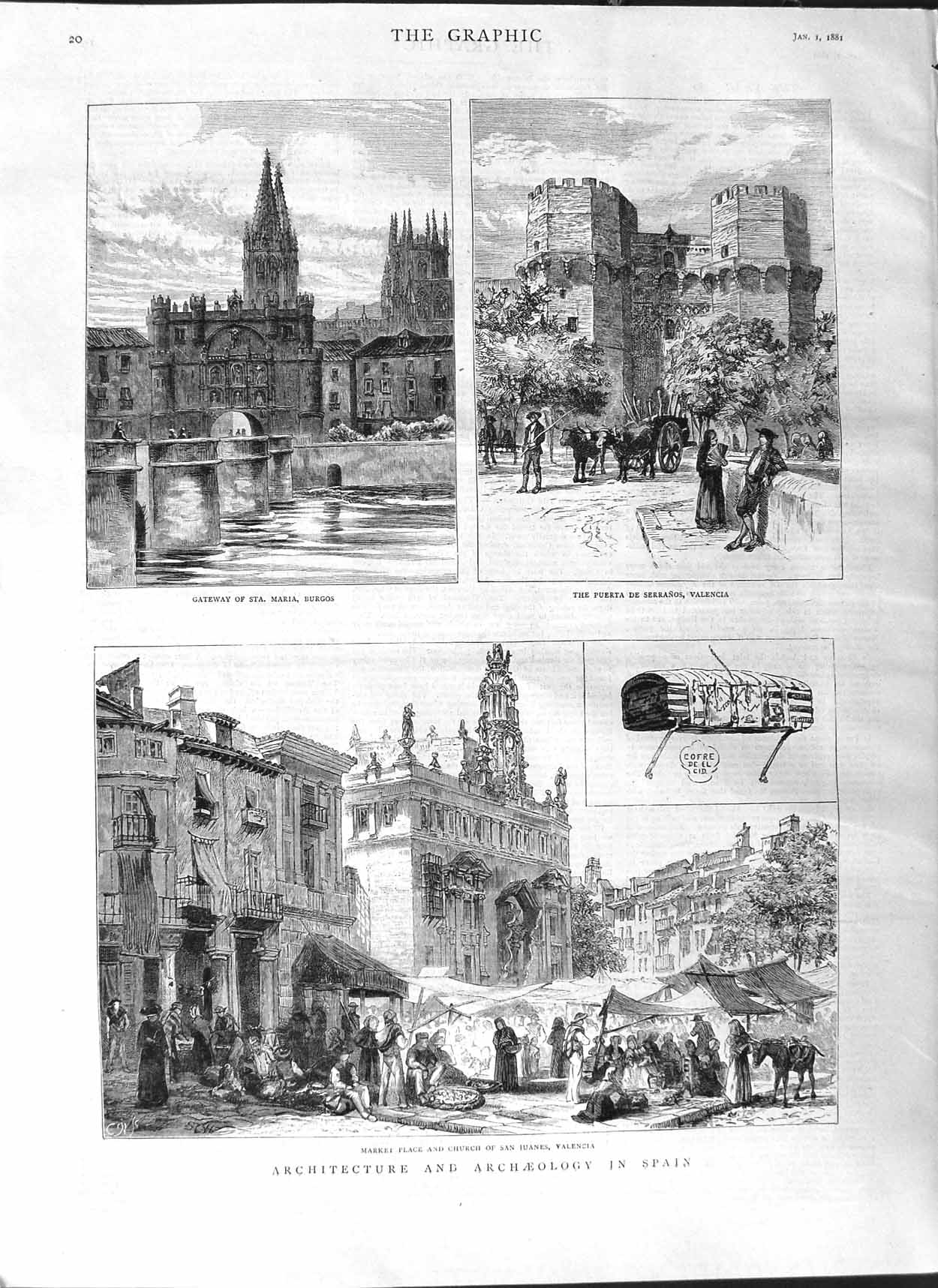 Original Old Antique Print 1881 Architecture Archaeology Spain Burgos V 19th