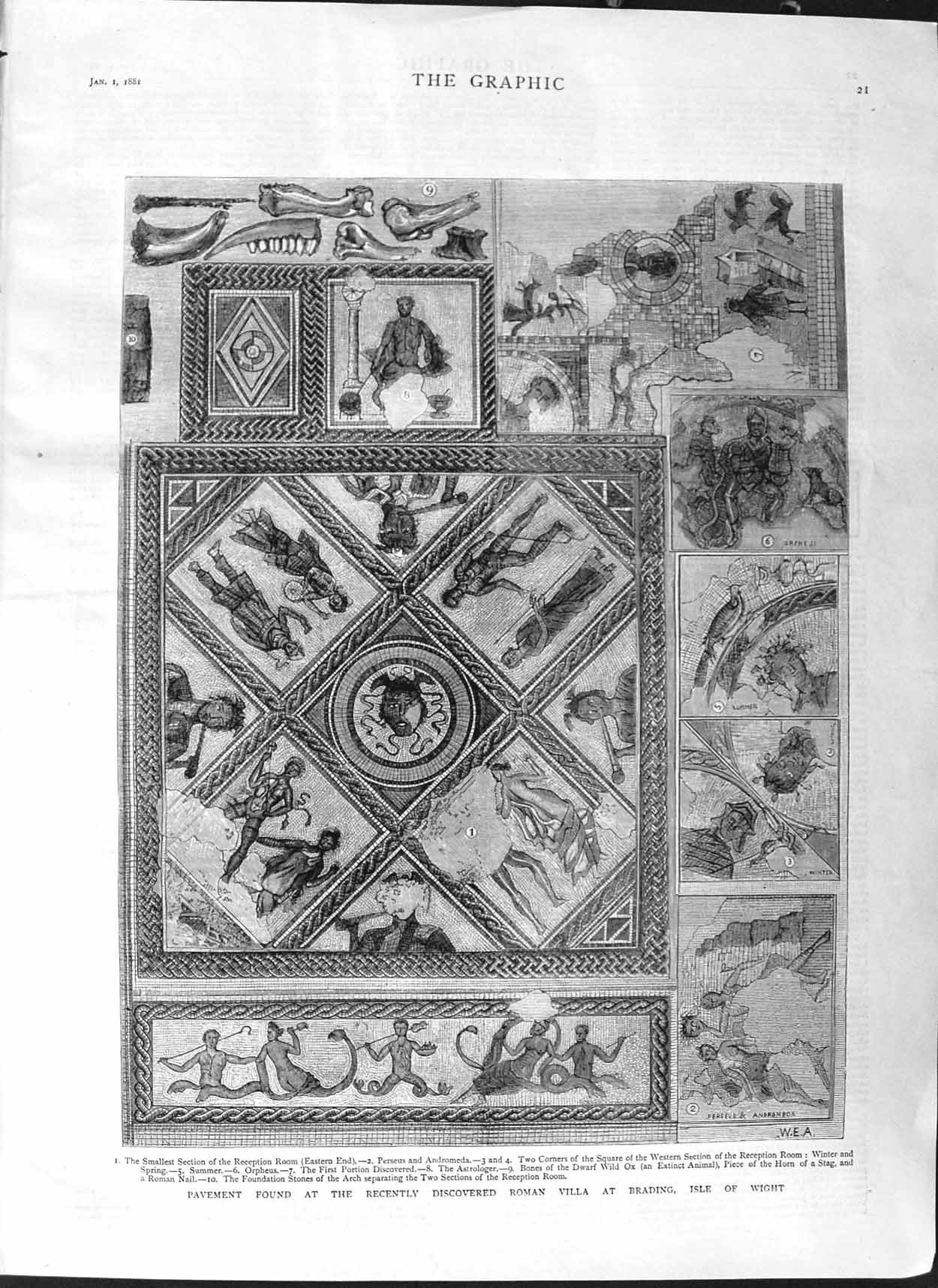Original Old Antique Print 1881 Pavement Roman Brading Isle Wight Arch Victorian