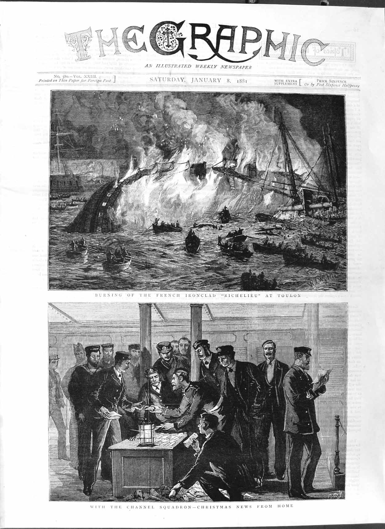 Original Old Antique Print 1881 Fire French Ironclad Ship Richelieu Toulon Art