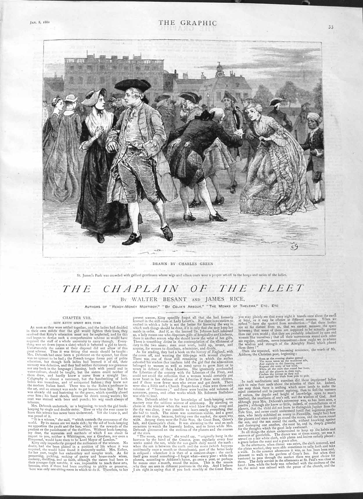 Original Old Antique Print 1881 Illustration Story Chaplain Fleet St. Jam 19th