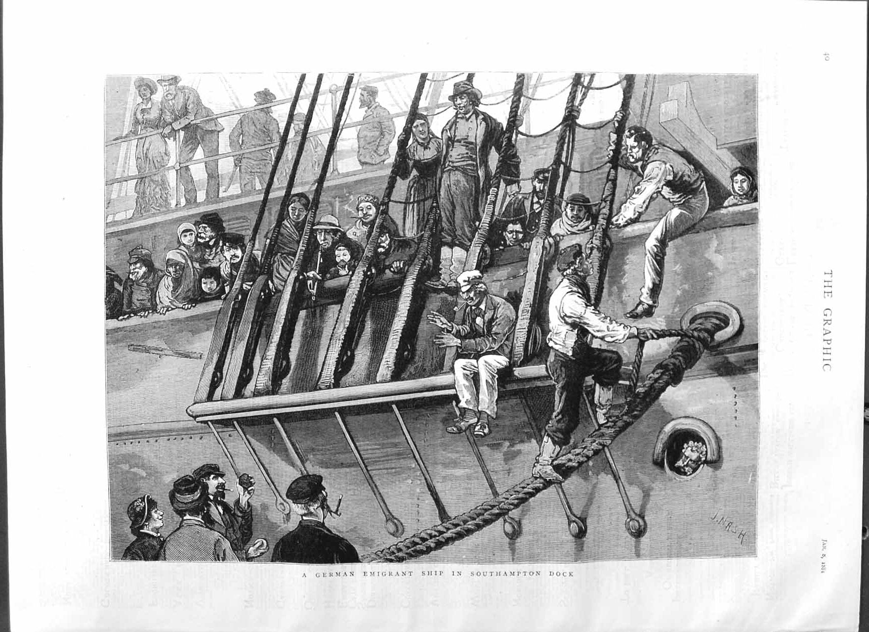 Original Old Antique Print 1881 German Emigrant Ship Southampton Docks Fine Art