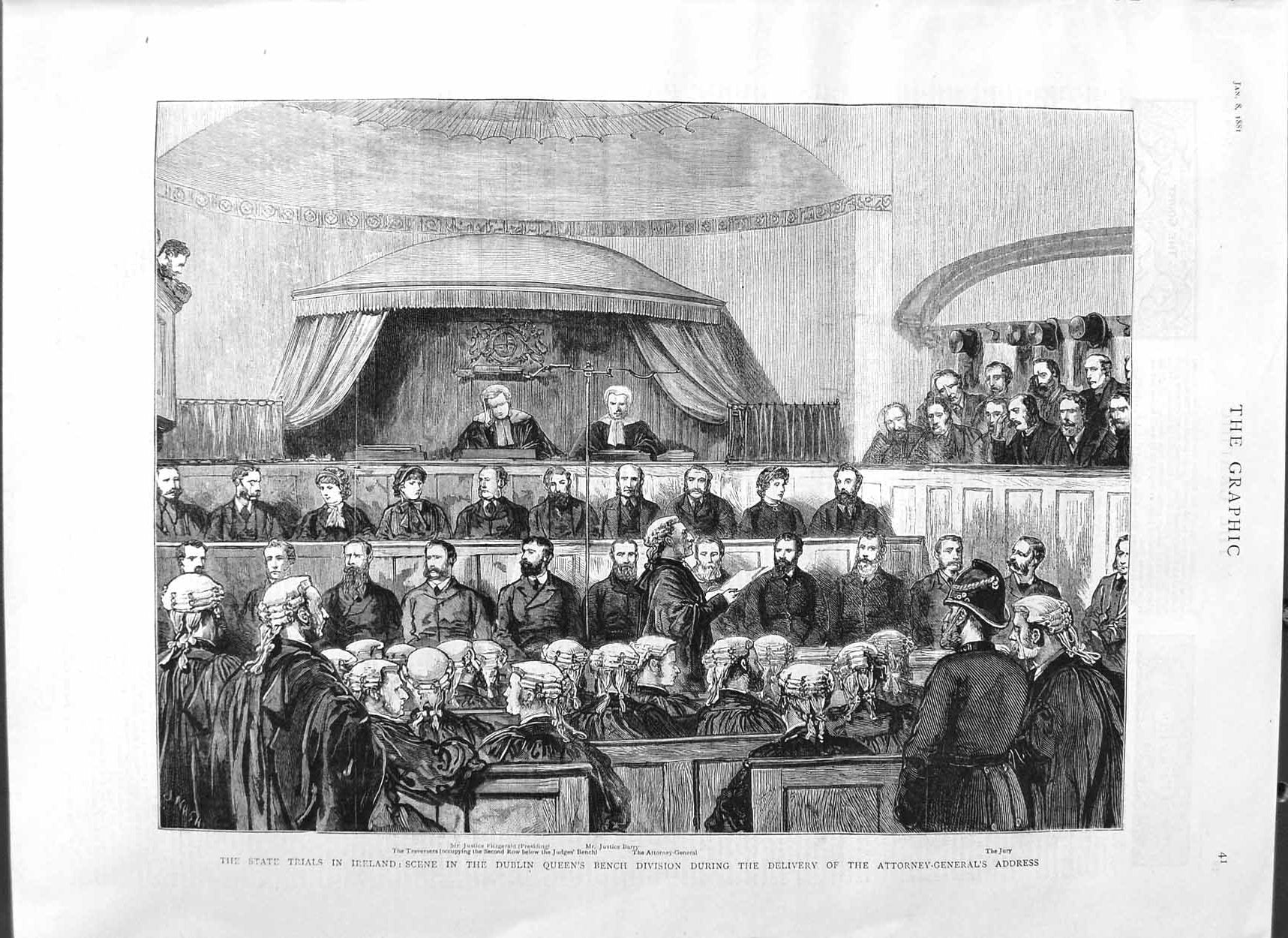 Old Antique Print 1881 Ireland Dublin Queen'S Bench Court Fitzgerald Jury 19th