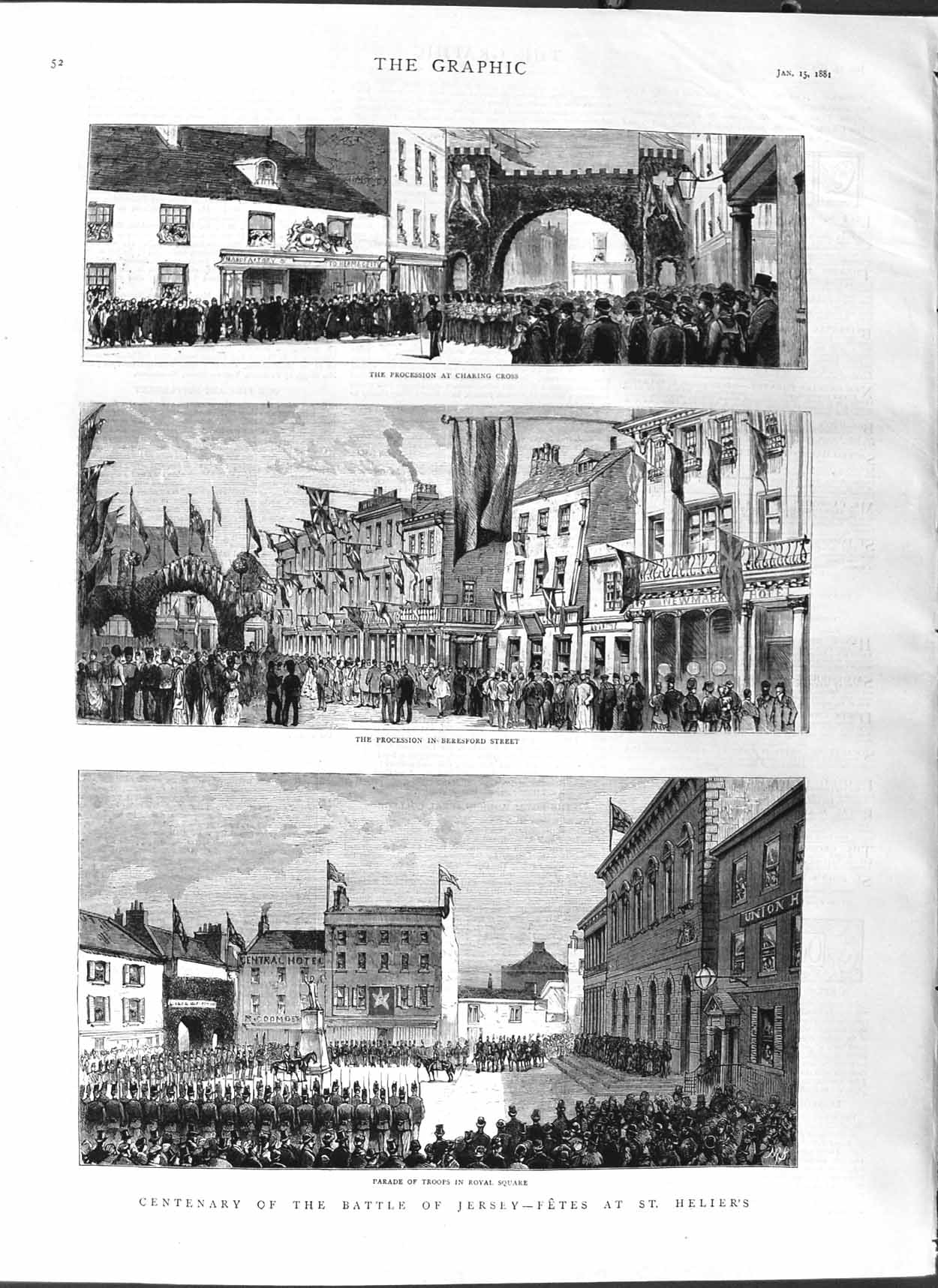 Old Antique Print 1881 Battle Jersey St. Helier Beresford Procession Army 19th