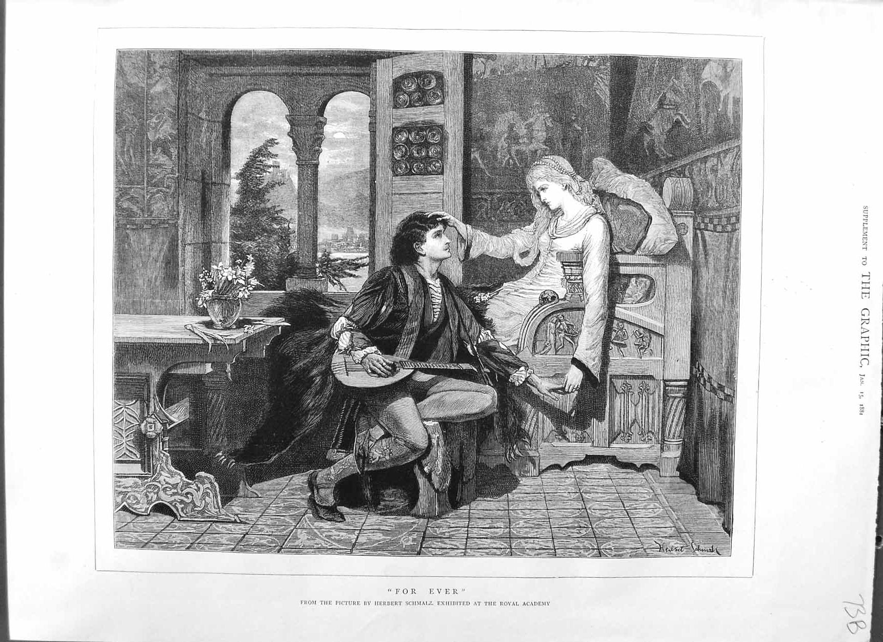 Original Old Antique Print 1881 Herbert Schmlaz Art Man Woman Romance Music 0