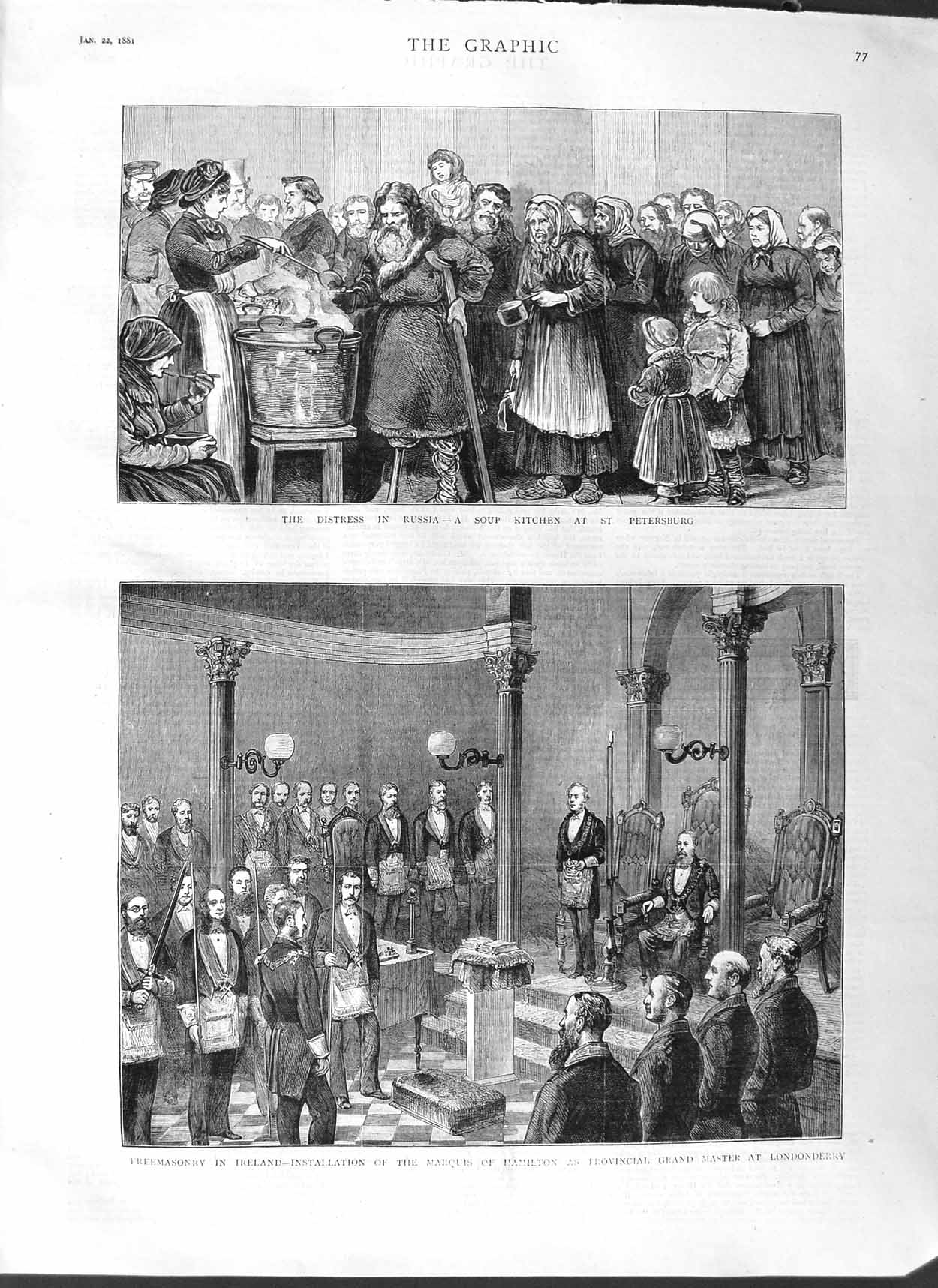 Original Old Antique Print 1881 Russia Soup Kitchen Freemason Ireland H 19th
